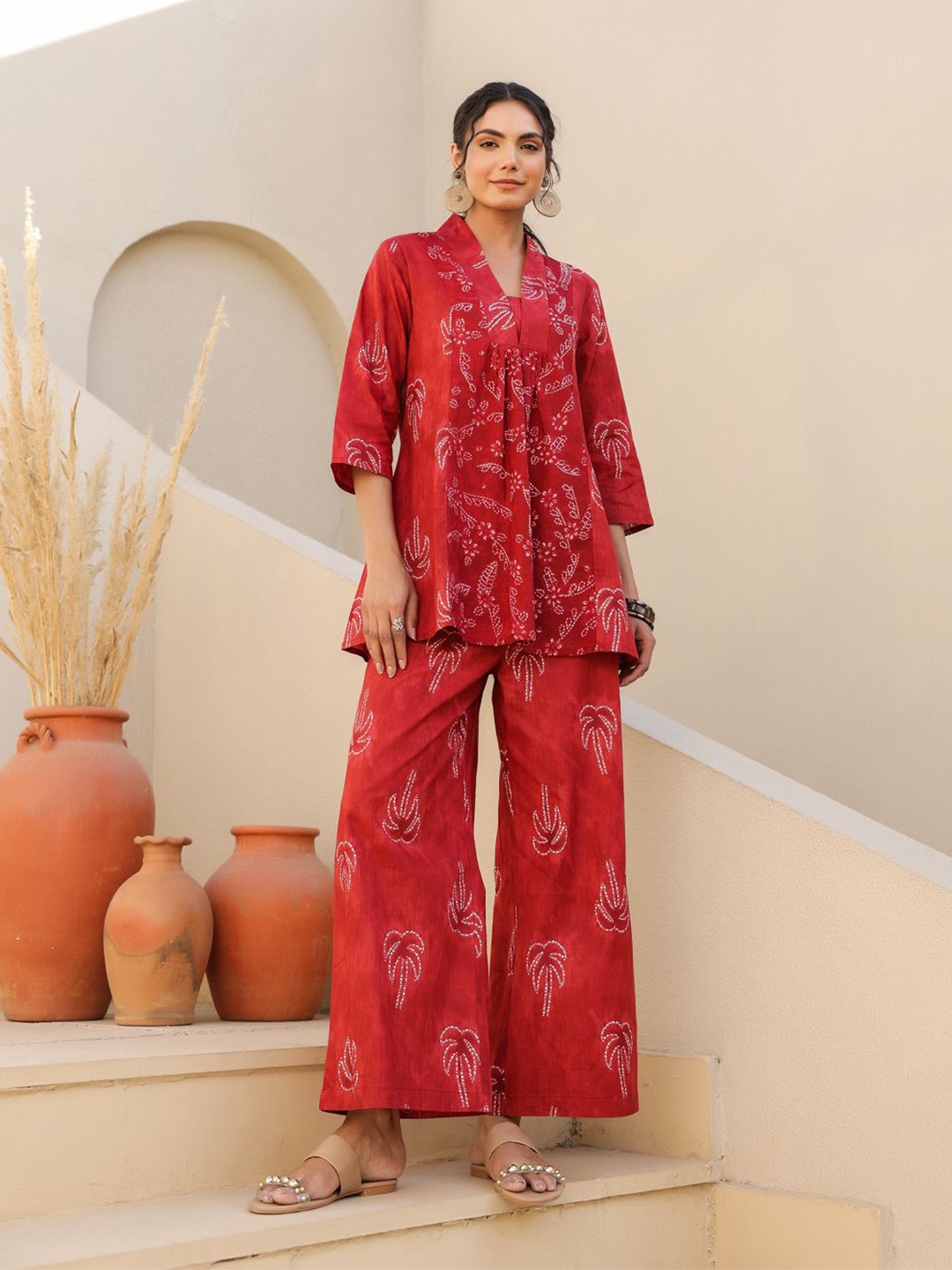 

JISORA Printed Pure Cotton Top & Trouser Co-ord Set, Red