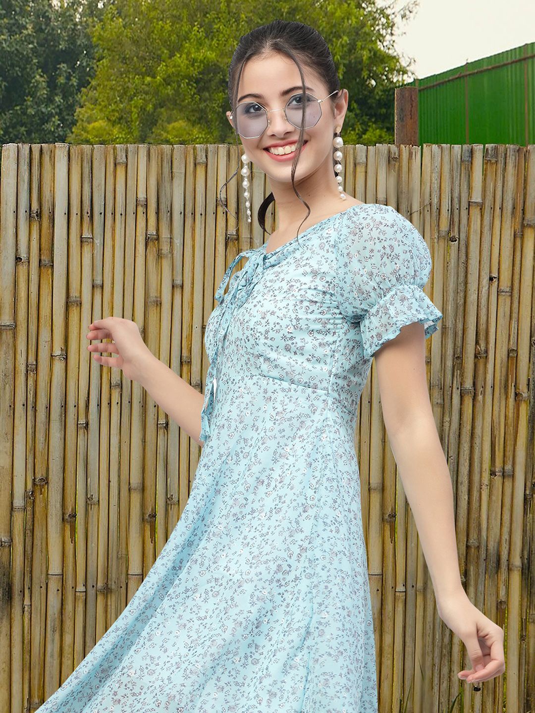 

Moda Rapido Floral Print Tie-Up Neck Applique Fit & Flare Dress, Blue
