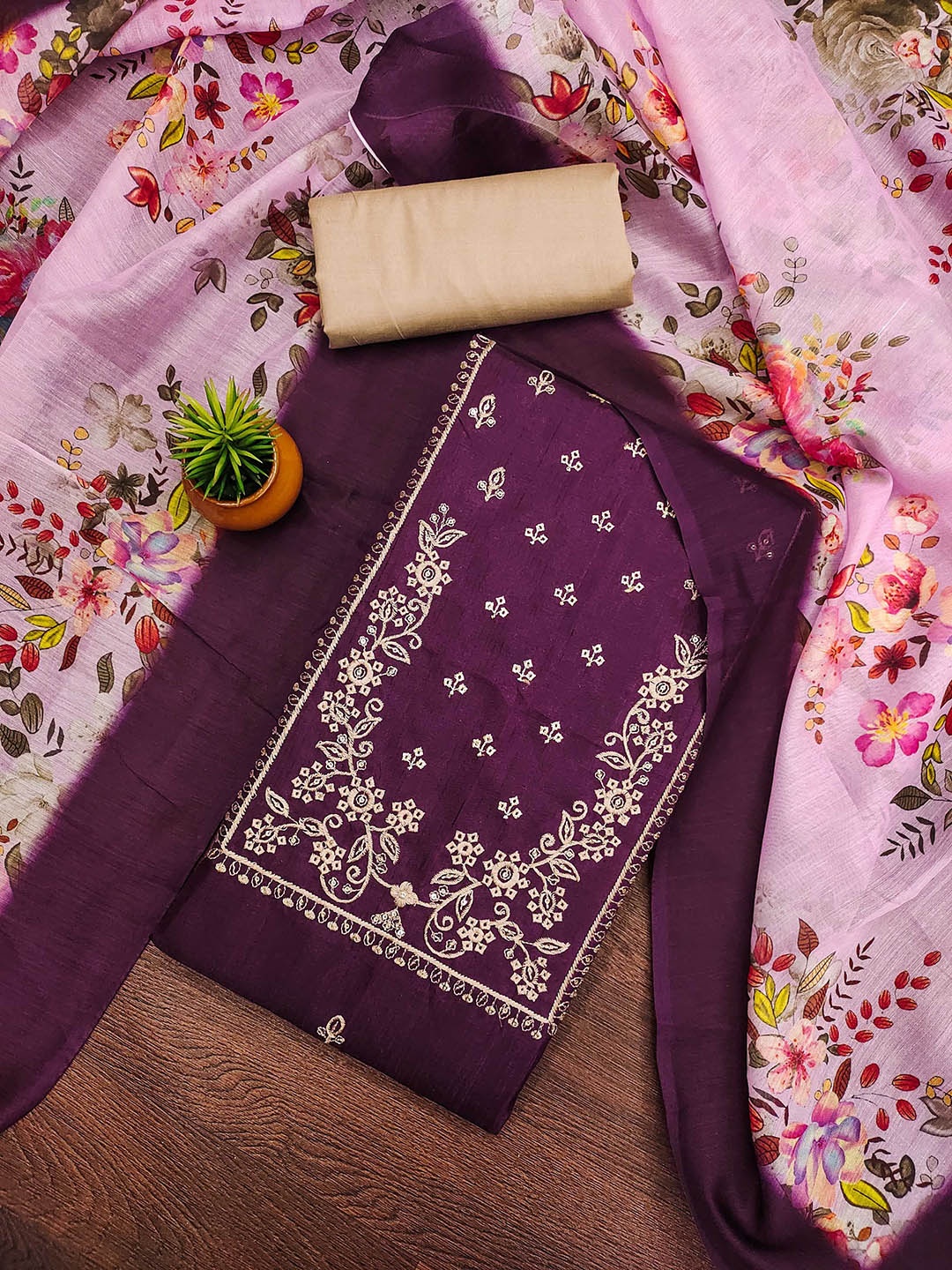 

SAINOOR Floral Embroidered Sequinned Jalpari Cotton Unstitched Dress Material, Purple