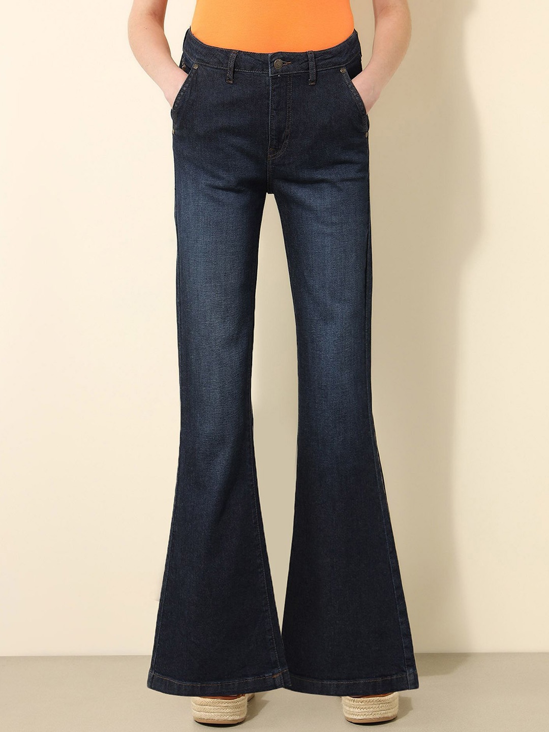

U.S. Polo Assn. Women Wide Leg Mid-Rise Light Fade Stretchable Jeans, Blue