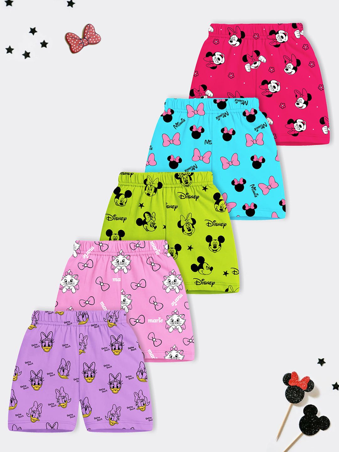 

YK Disney Girls Pack Of 5 Graphic Printed Regular Fit Mid-Rise Minnie & Daisy Shorts, Purple