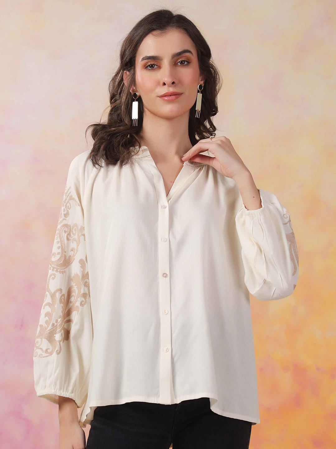 

Nyaro Floral Women Mandarin Collar Solid Beige Rayon Top with Embroidery Shirt Style Top