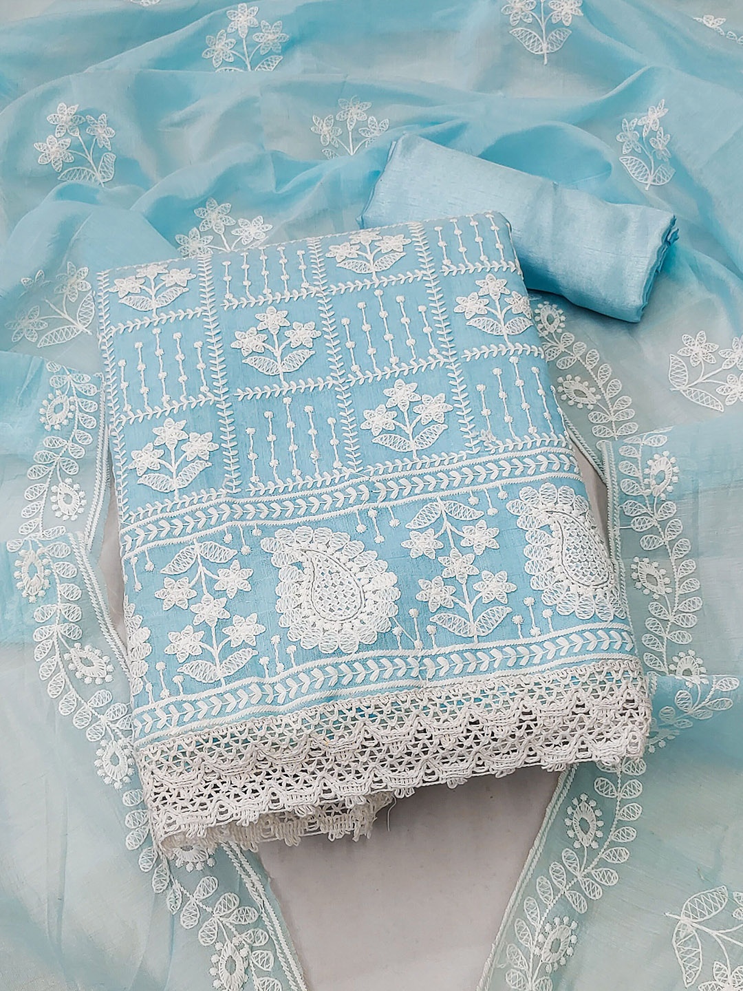 

SAINOOR Floral Embroidered Unstitched Dress Material, Blue