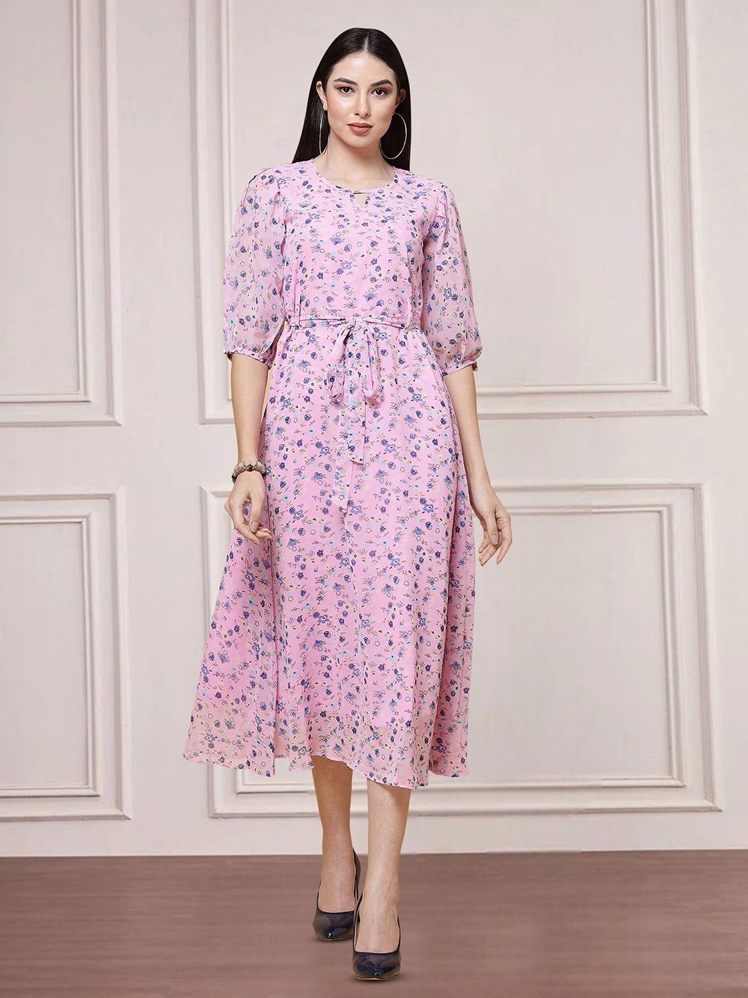 

Moda Rapido Floral Print Applique Fit & Flare Dress, Pink