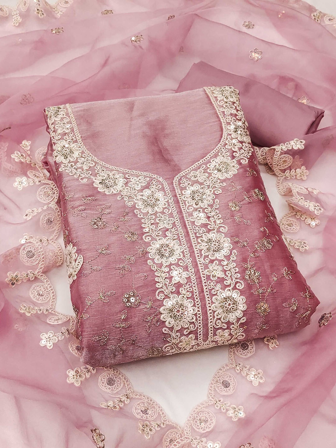 

SAINOOR Floral Embroidered Pure Silk Semi-Stitched Dress Material, Pink