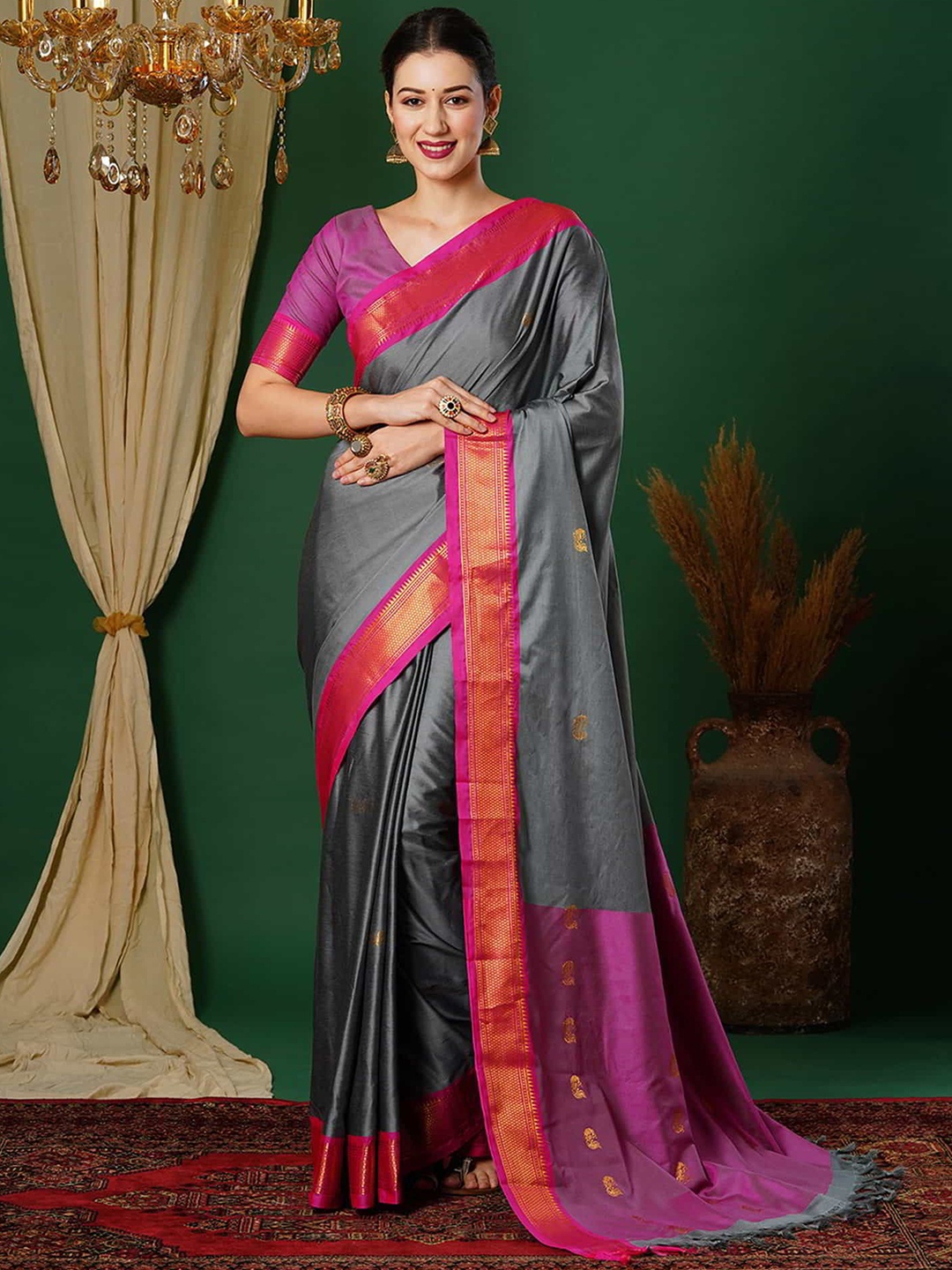 

yourwish Ethnic Motifs Zari Silk Cotton Banarasi Saree, Grey