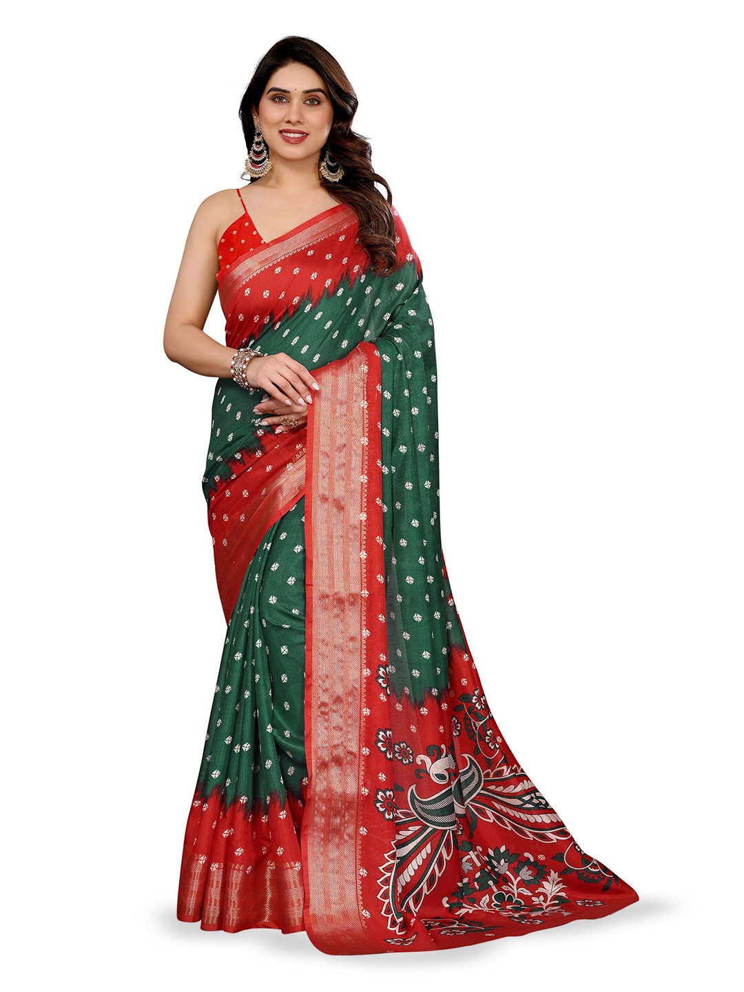 

Moda Rapido Bandhani Silk Blend Saree, Green