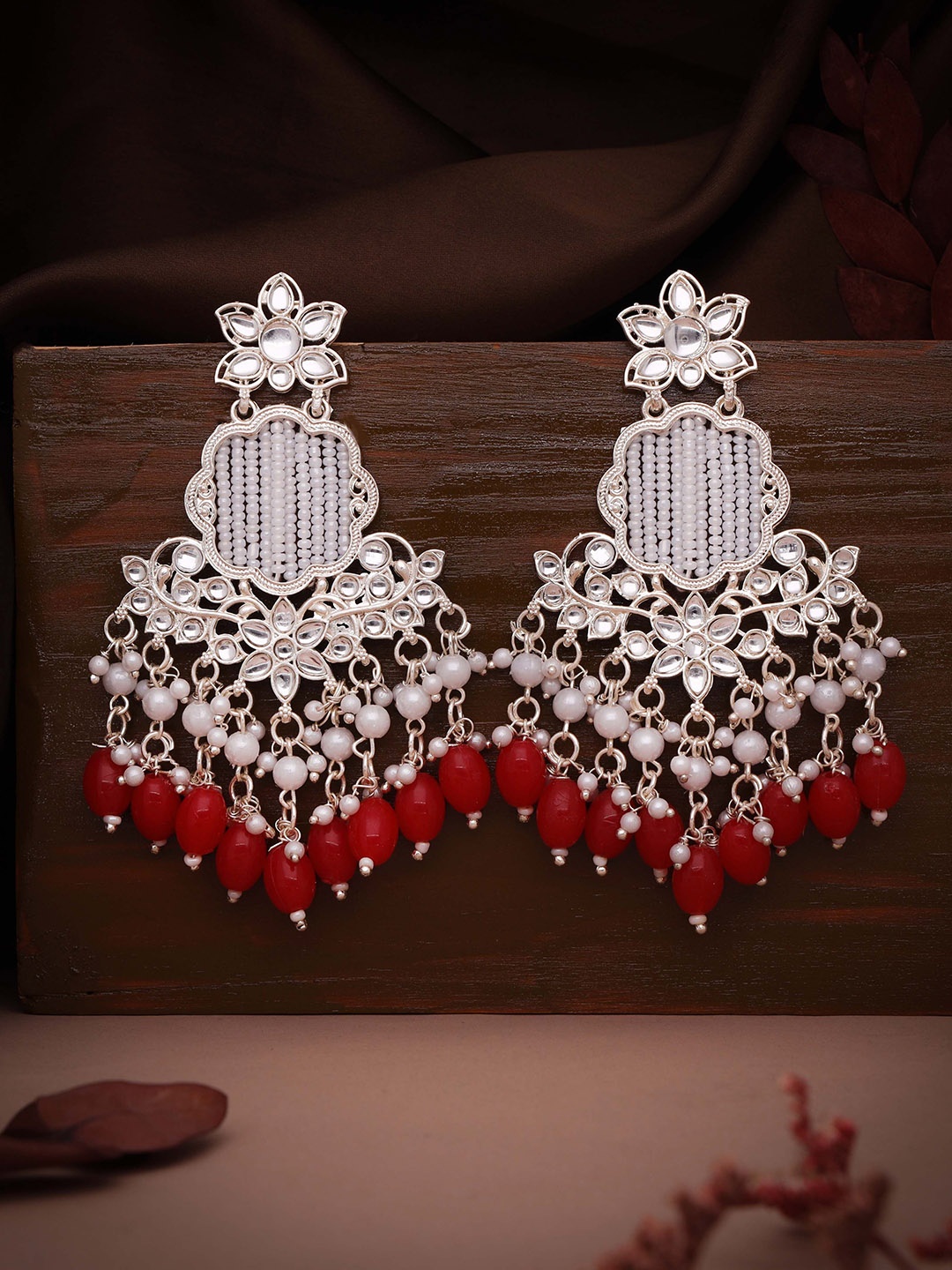 

Lyriss Gold-Plated Artificial Stones Studded And Beaded Floral Shaped Drop Earrings
