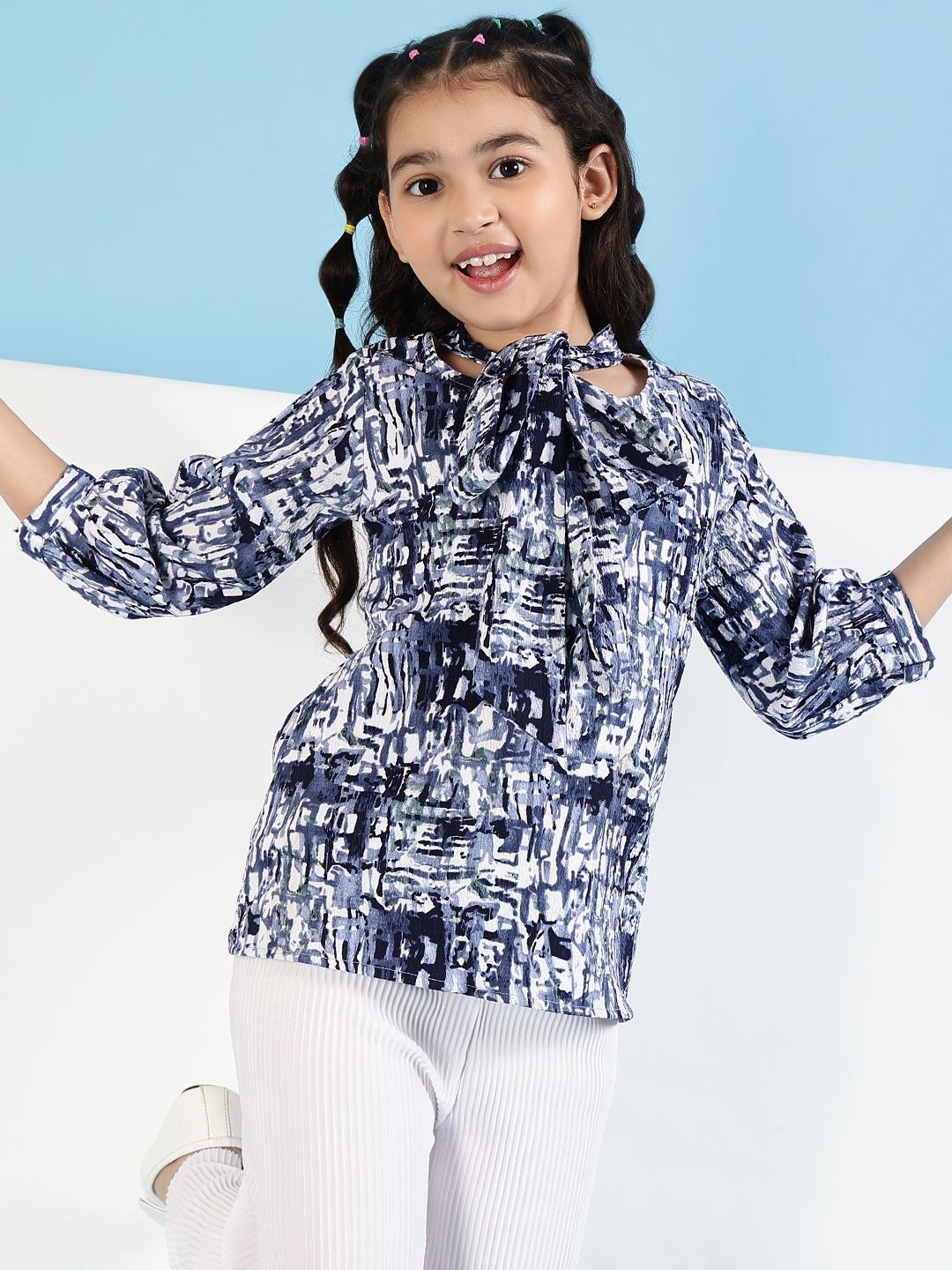 

Miss & Chief Girls Print Tie-Up Neck Top, Blue