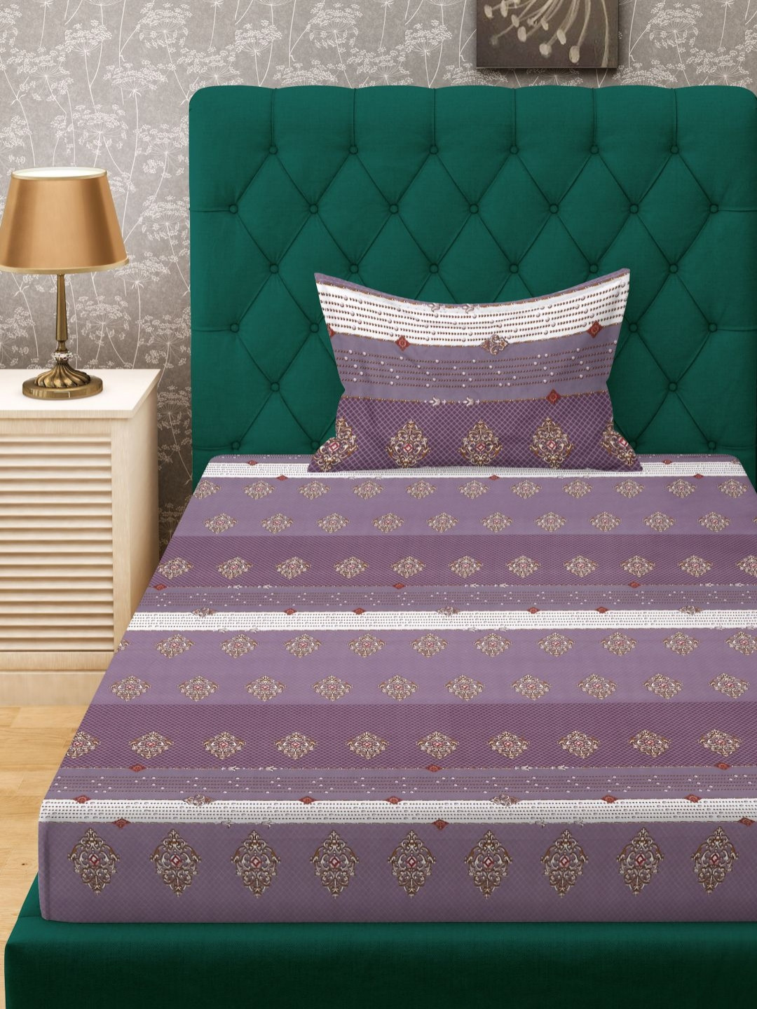 

KLOTTHE Purple & White Ethnic Printed Fitted 300 TC Single Bedsheet With Pillow Cover