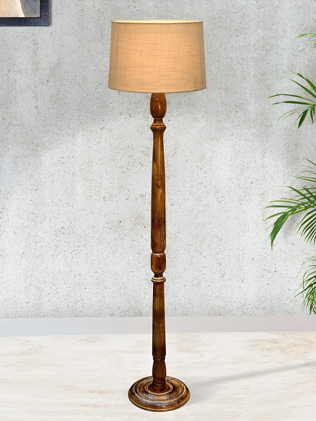 

Homesake Rustic Beige & Brown Wooden Cylinder Shaped Floor Lamp With Shade