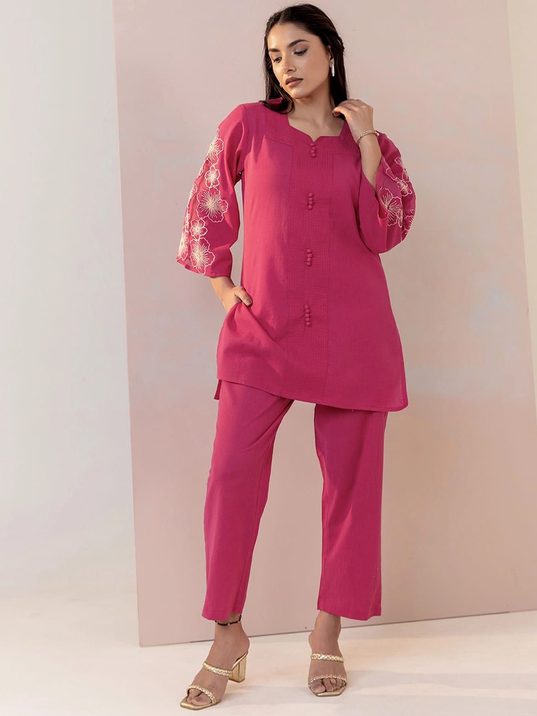 

MISRI Embroidered Notch Neck Pure Cotton Tunic & Trousers, Fuchsia