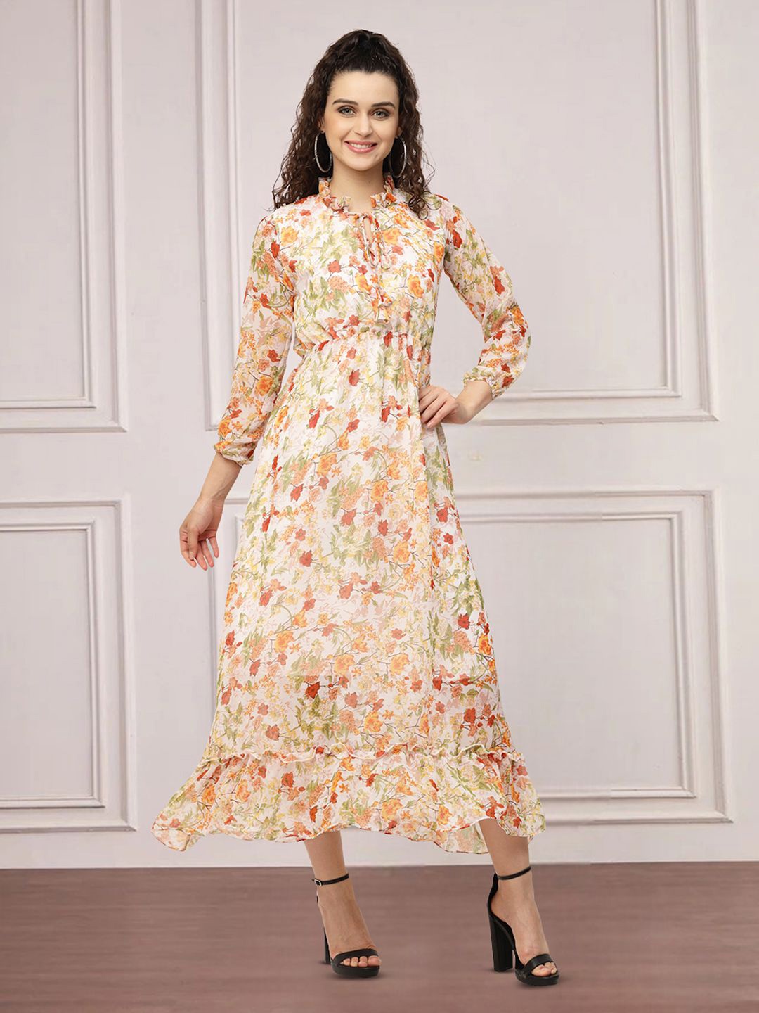 

Moda Rapido Floral Print Tie-Up Neck Applique Fit & Flare Dress, Multi