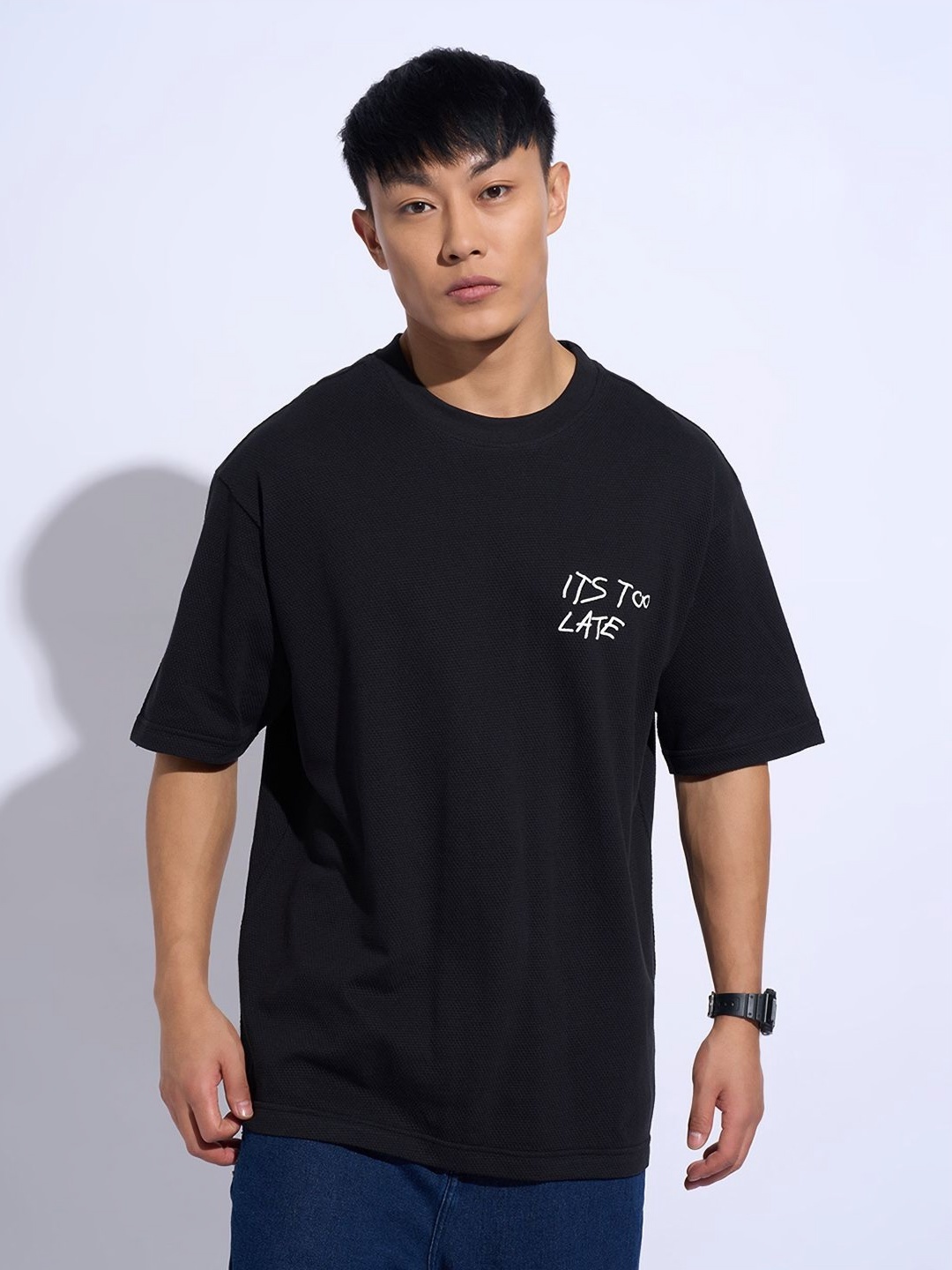 

People Men Typography Printed Drop-Shoulder Sleeves Pockets Boxy T-shirt, Black