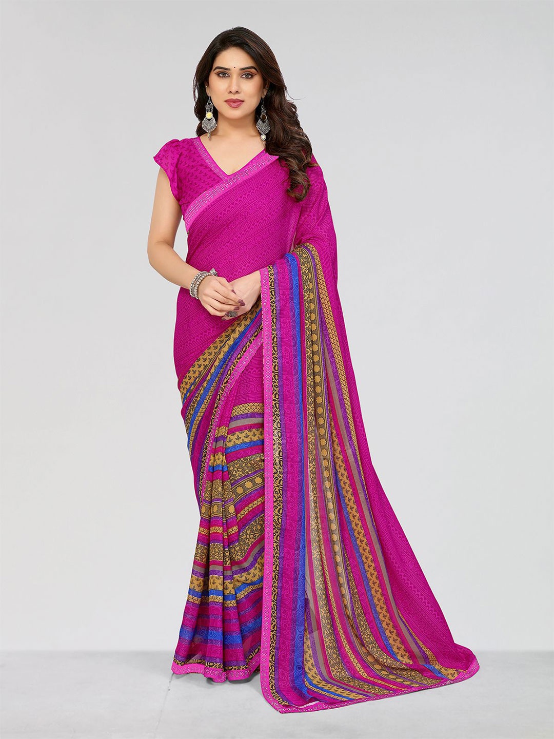 

Moda Rapido Striped Saree With Blouse Piece, Pink