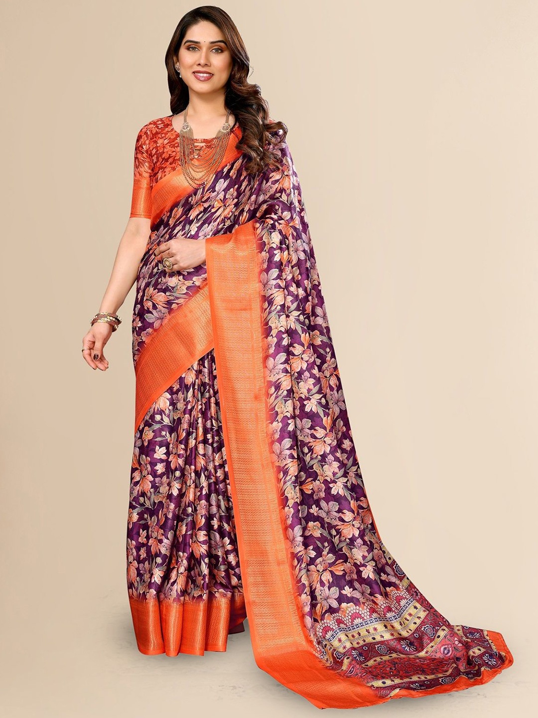 

Fashion FRICKS Floral Silk Cotton Heavy Work Saree, Orange