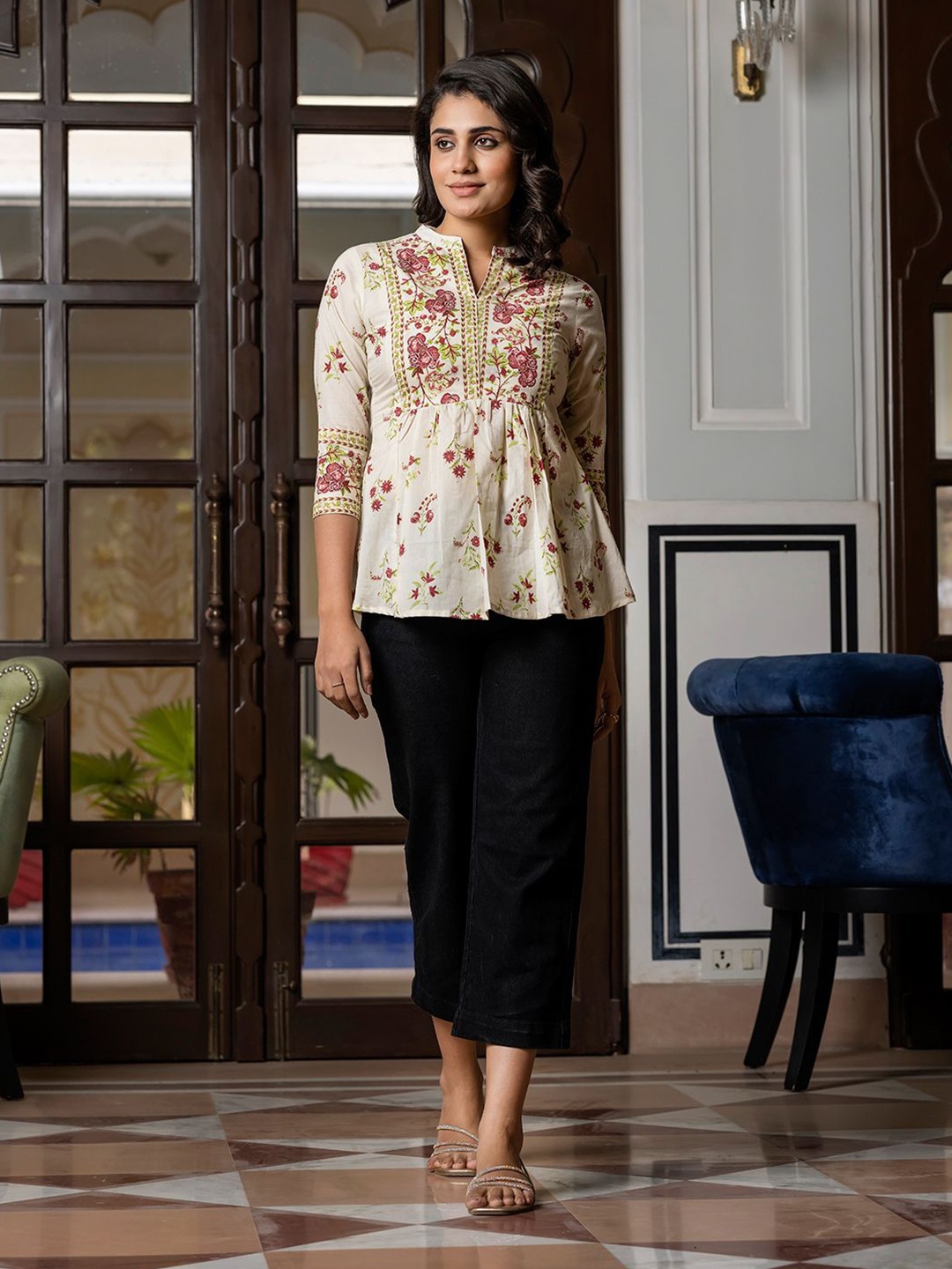 

CORSICA Floral Embroidered Mandarin Collar Cotton Top, Brown