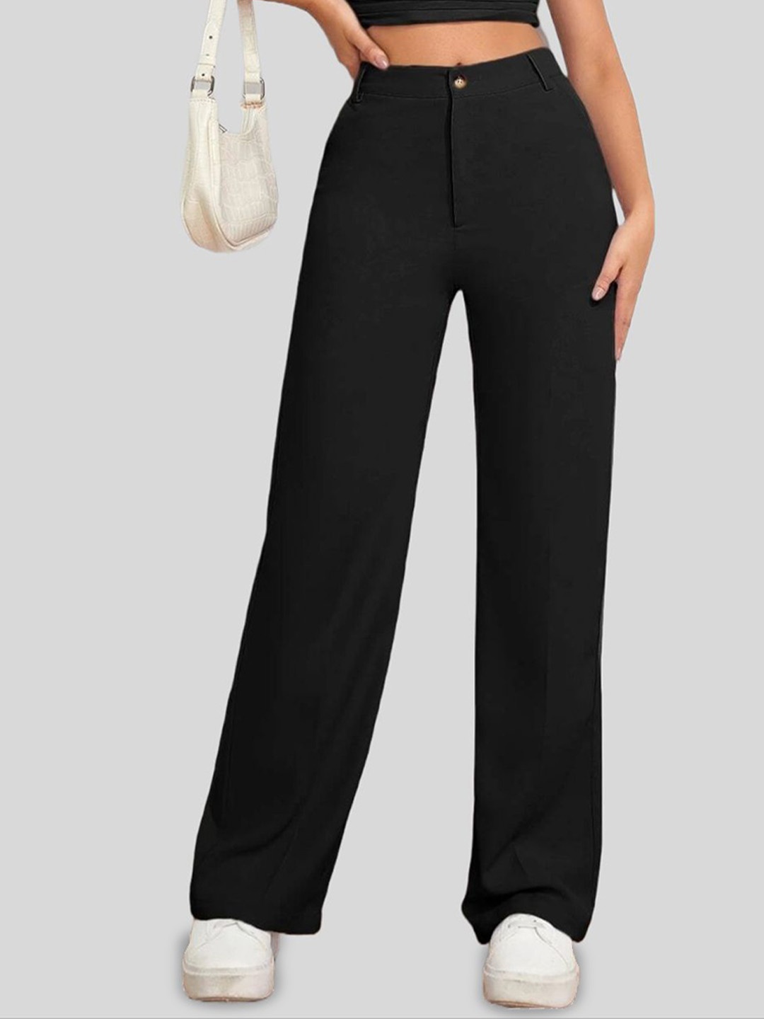 

FNOCKS Women Relaxed Straight Leg Straight Fit High-Rise Trousers, Black