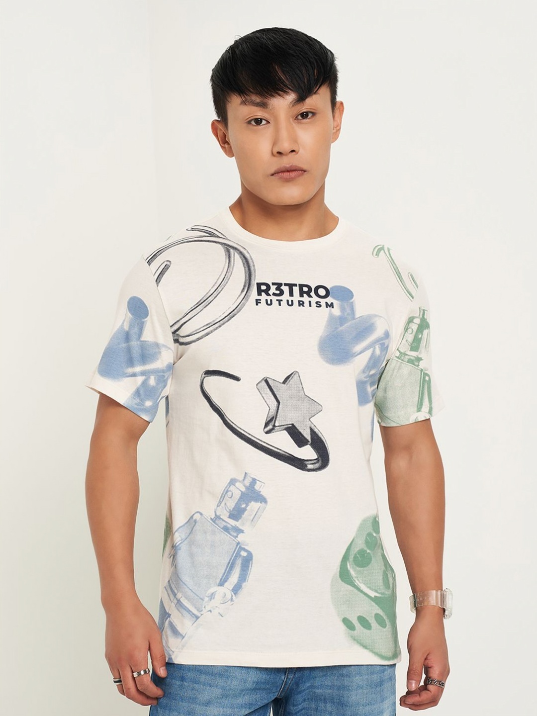 

SF JEANS by Pantaloons Men Extended Sleeves Raw Edge Slim Fit T-shirt, White