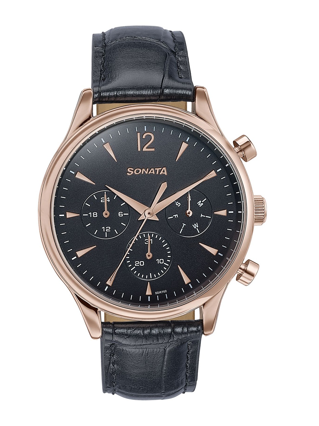 

Sonata Wedding Edit Men Embellished Dial & Leather Analogue Watch 77146WL02, Black