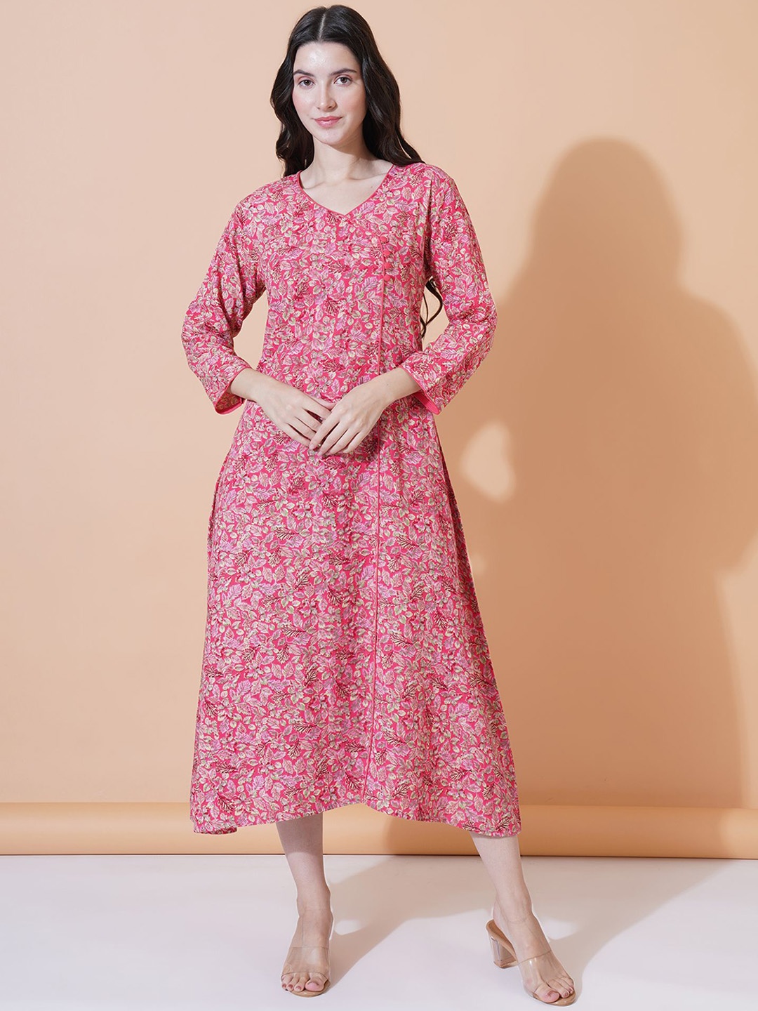 

FebQ Floral Printed V-Neck Cotton A-Line Kurta, Pink