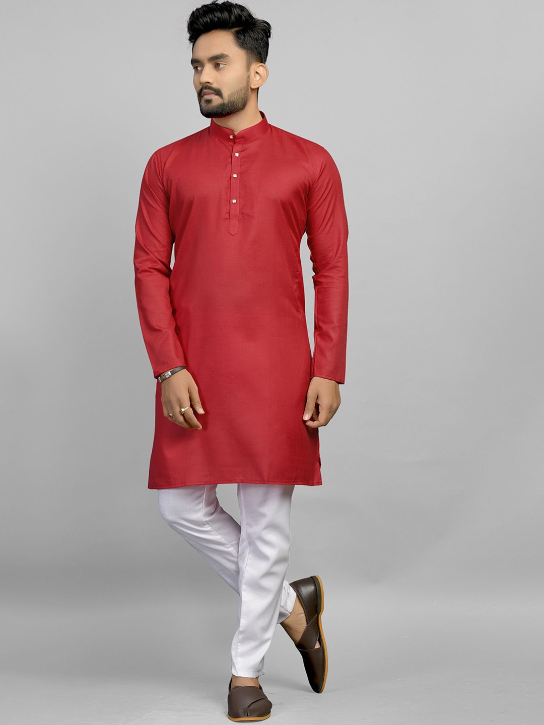 

Fashion FRICKS Band Collar Cotton Straight Kurta, Red