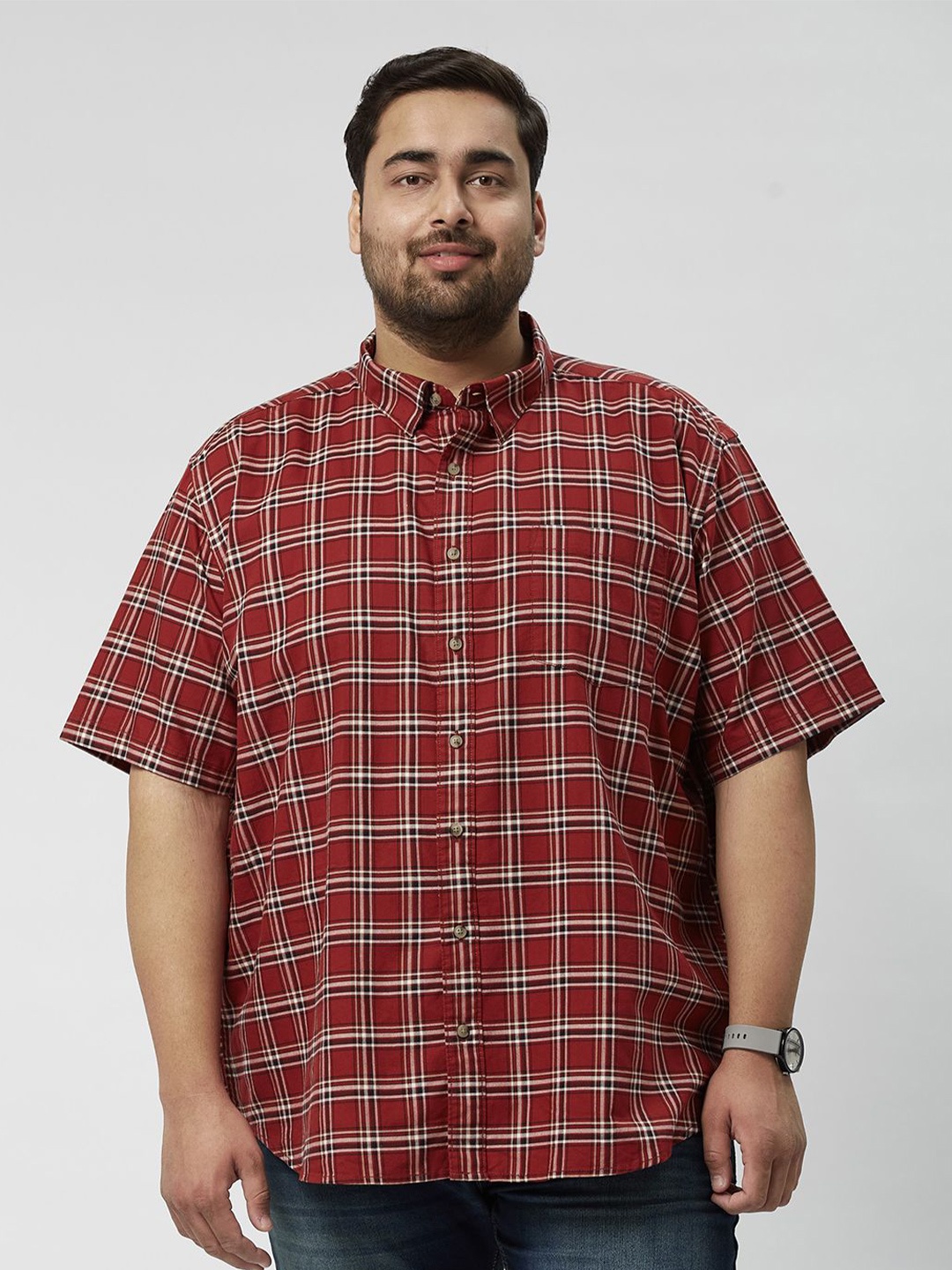 

Big Hello - The Plus Life Men Comfort Tartan Checks Opaque Checked Casual Shirt, Red