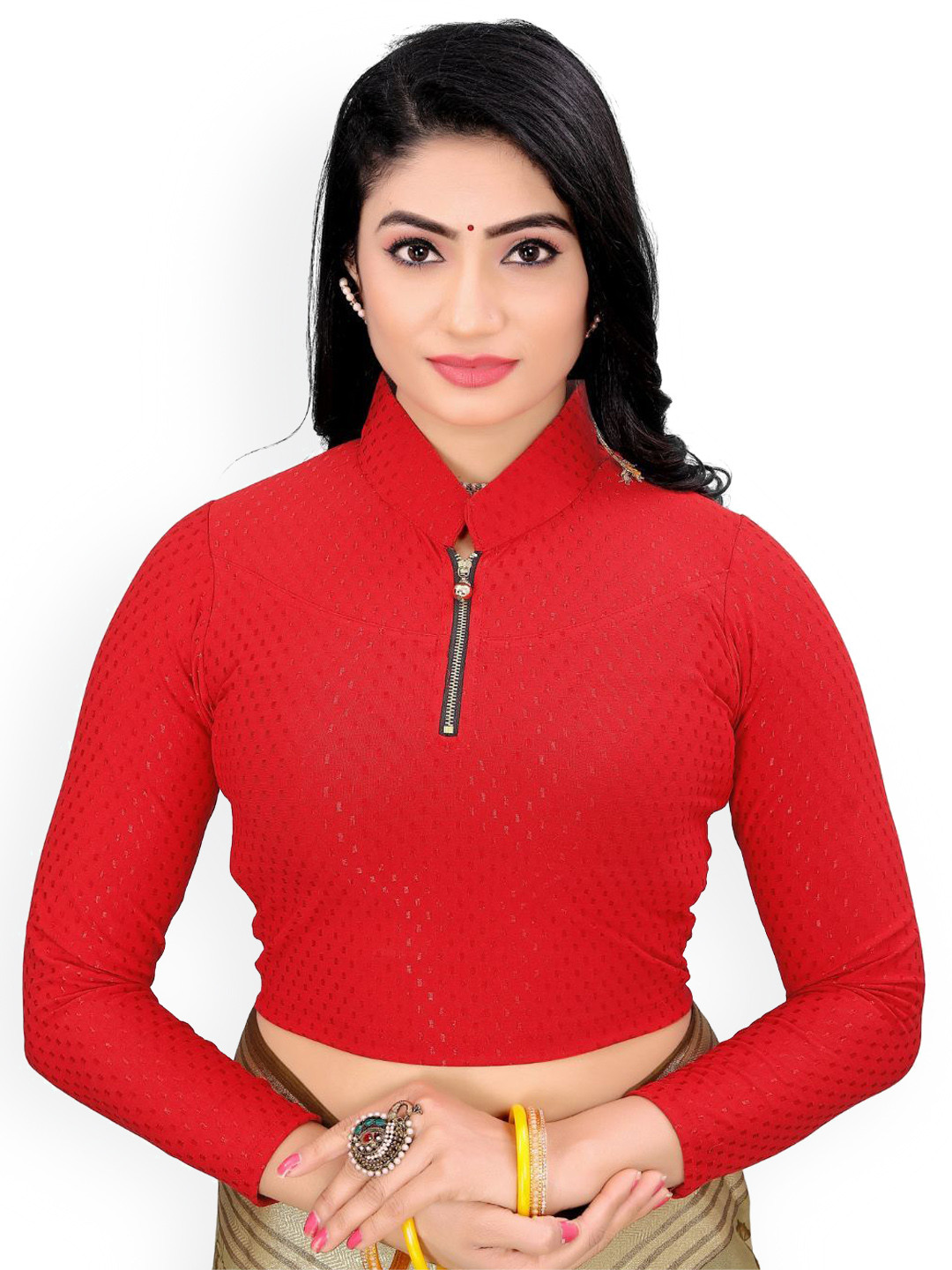 

SS Sanket Synthetics Dobby Zipper Long Sleeved Saree Blouse, Red