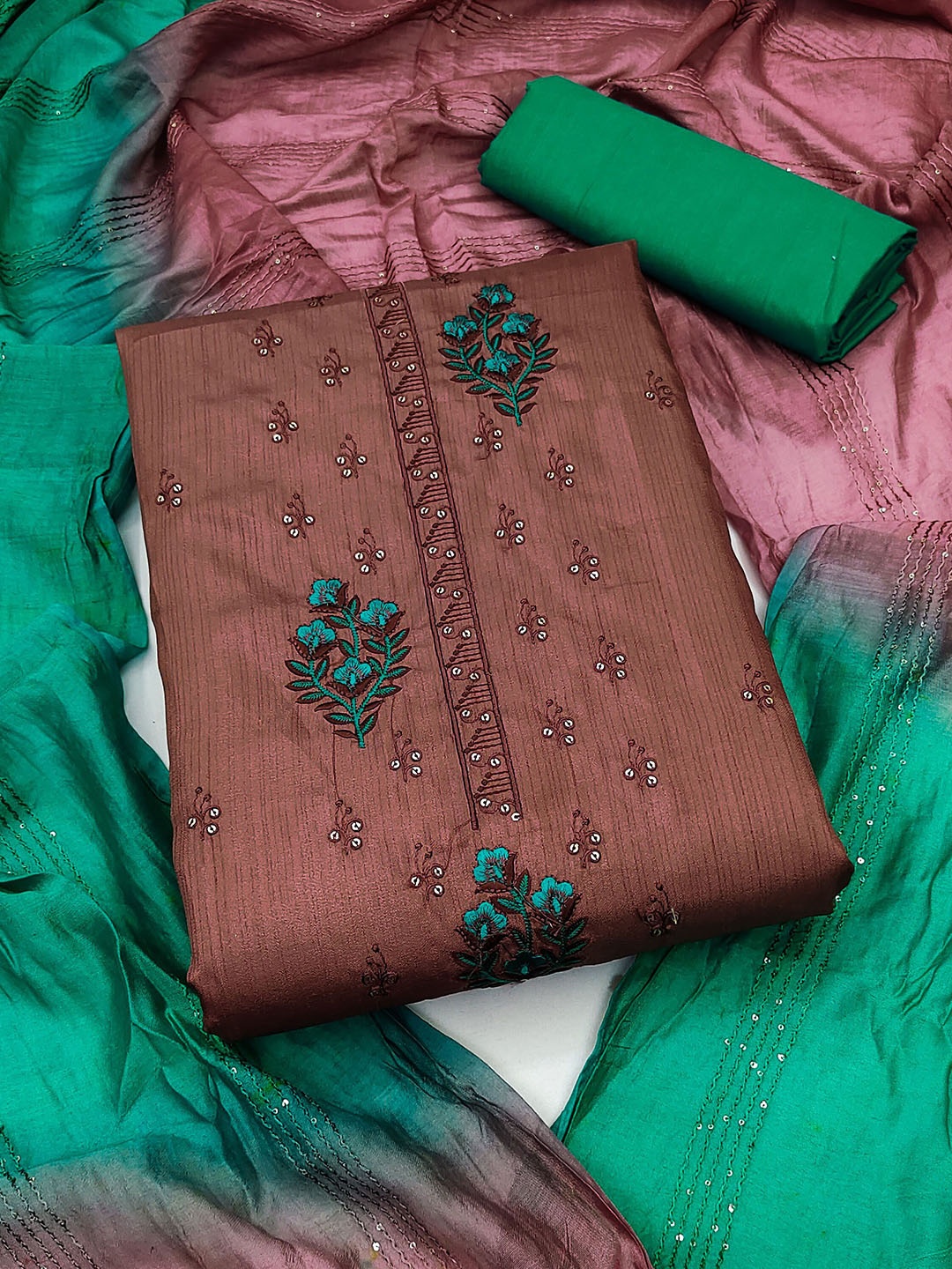 

SAINOOR Floral Embroidered Unstitched Dress Material, Brown
