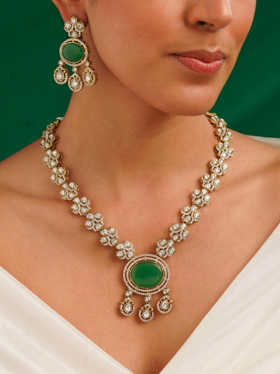 

ABDESIGNS Sophisticated Gold Plated Polki American Diamond Jewellery Set