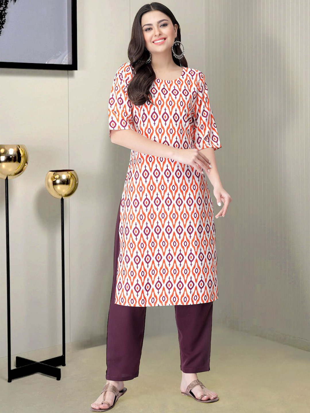 

Moda Rapido Geometric Printed Round Neck Straight Kurta With Trouser, White