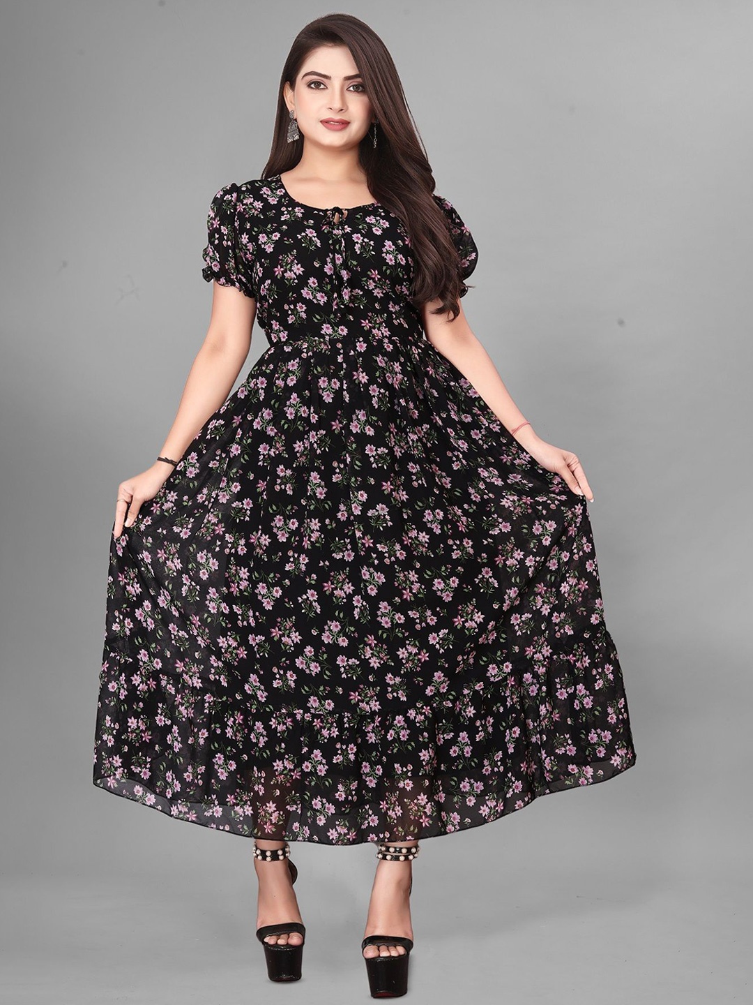 

KRISHTI CREATION Floral Print Puff Sleeve Georgette Fit & Flare Maxi Dress, Multi