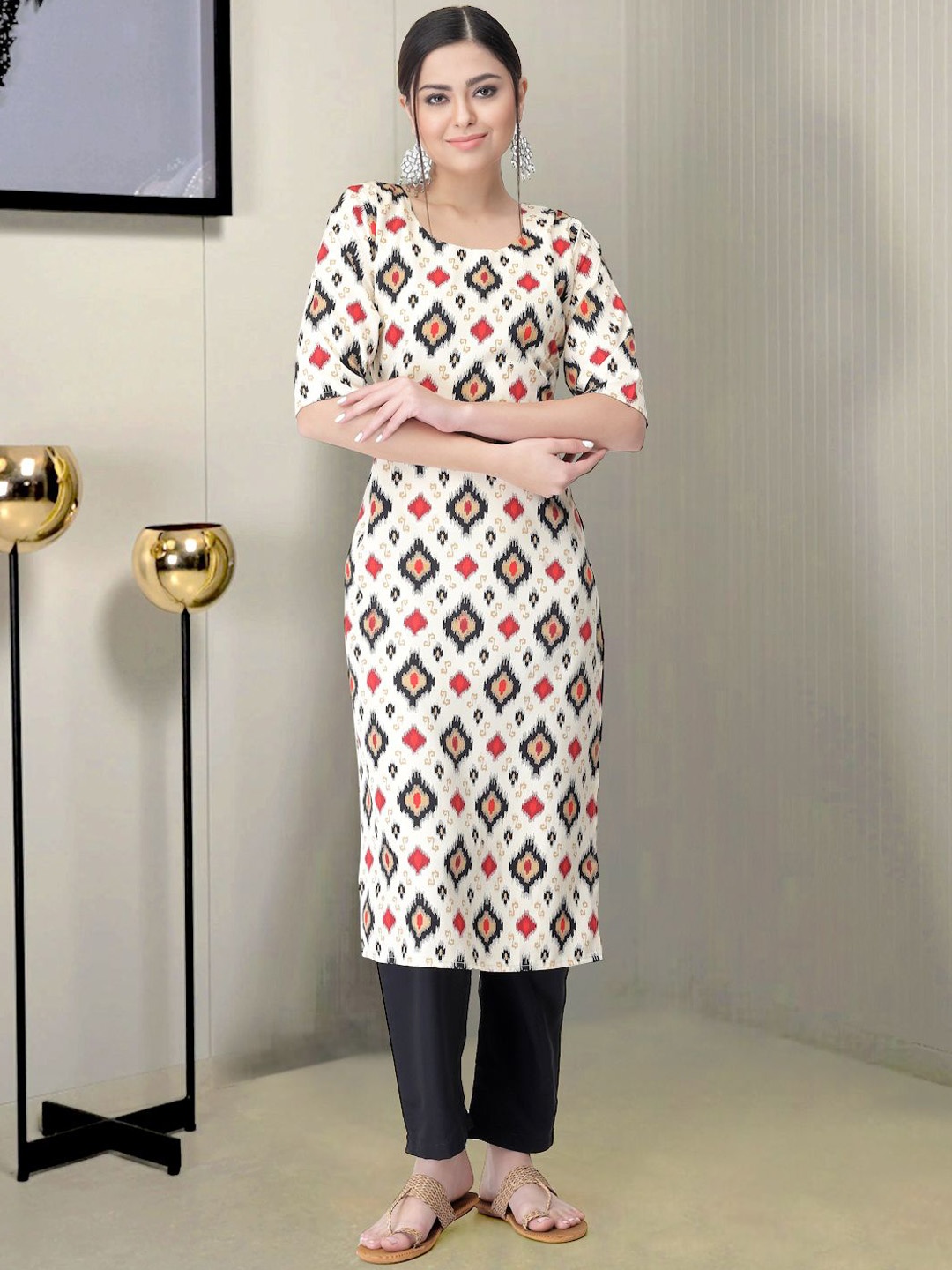 

Moda Rapido Geometric Printed Round Neck Kurta With Trouser, White