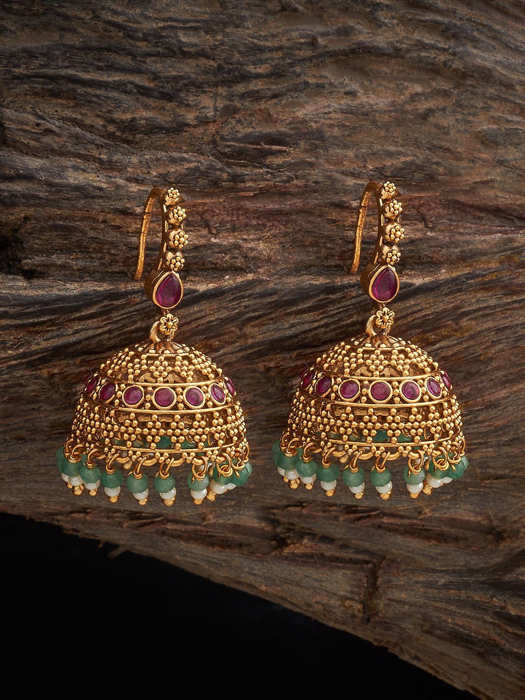 

Kushal's Fashion Jewellery Gold-Plated Dome Shaped Antiques Artificial Stones Jhumkas