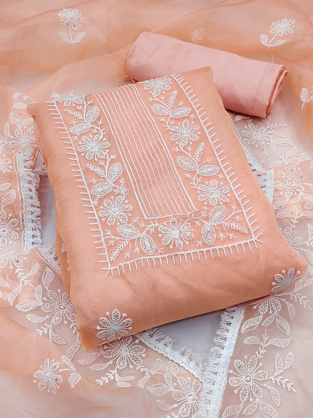 

SAINOOR Floral Embroidered Organza Unstitched Dress Material, Peach