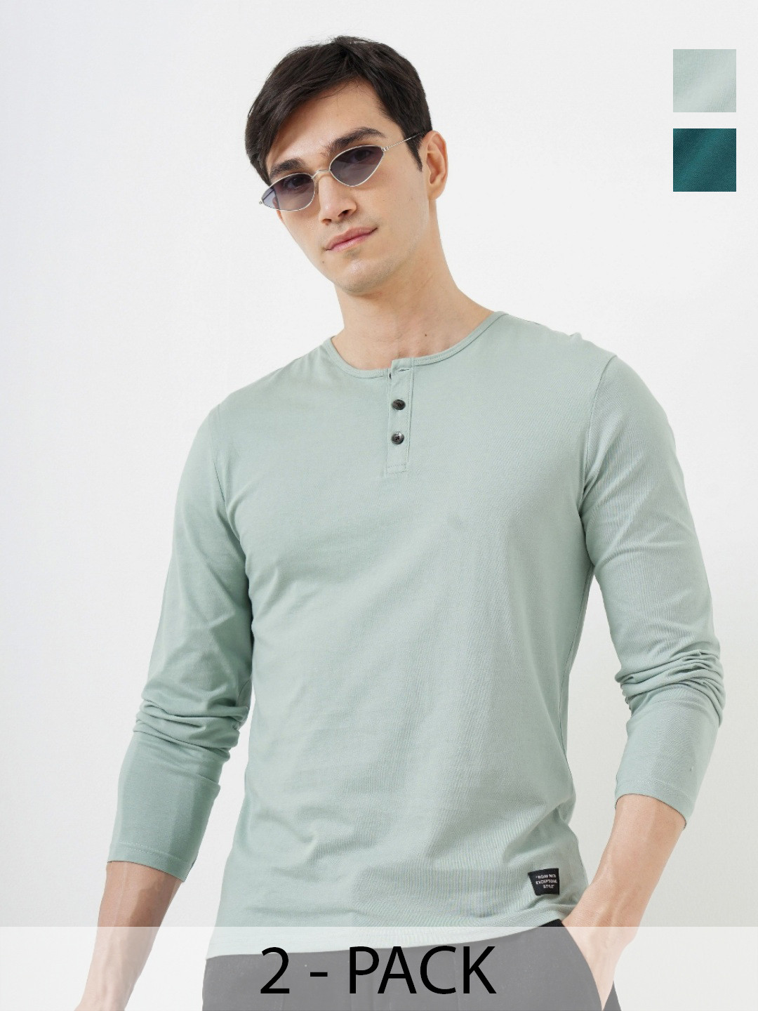 

Genoa Men Pack of 2 Solid Henley Neck Cotton T-shirts, Teal