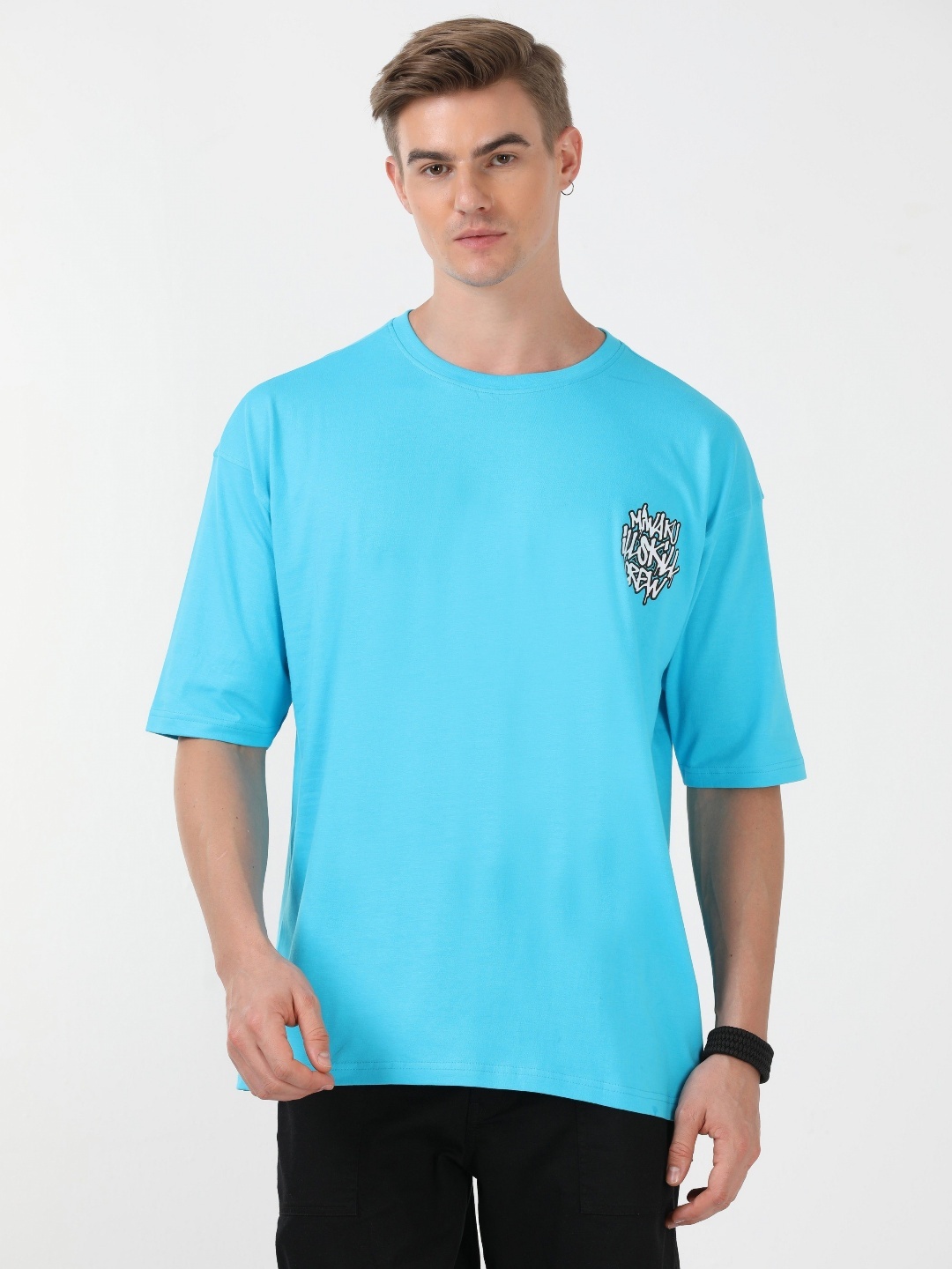 

Quco Men Printed Cotton Round Neck Drop Shoulder Oversized Tshirt, Blue