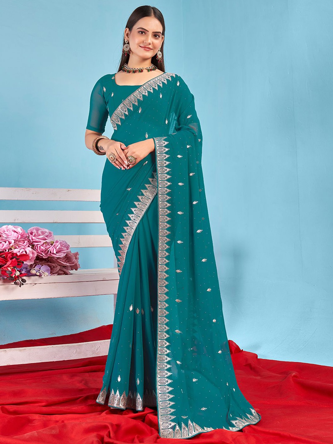 

DIVASTRI Ethnic Motifs Embroidered Saree, Teal