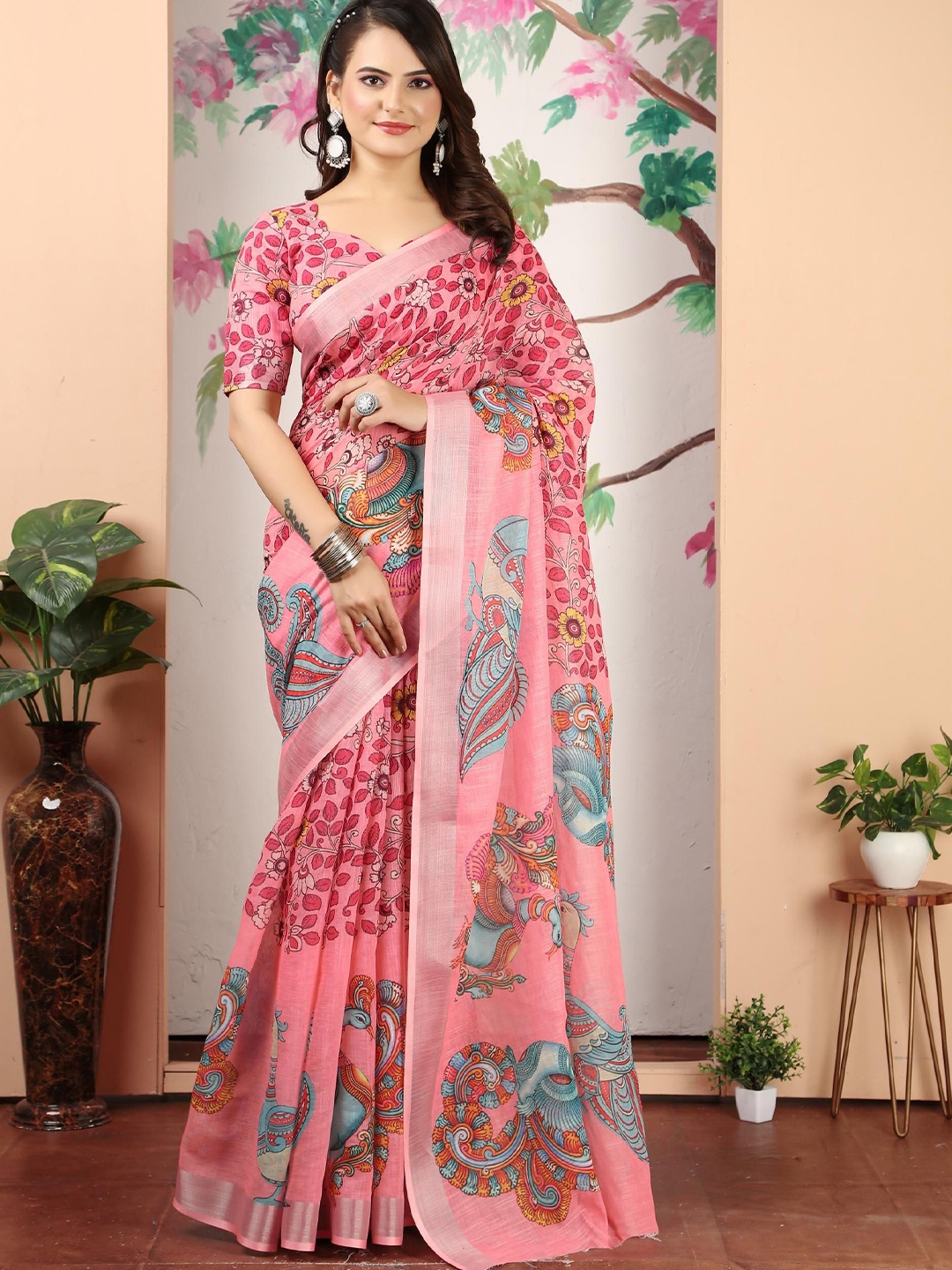 

KALINI Ethnic Motifs Zari Linen Blend Khadi Saree, Pink