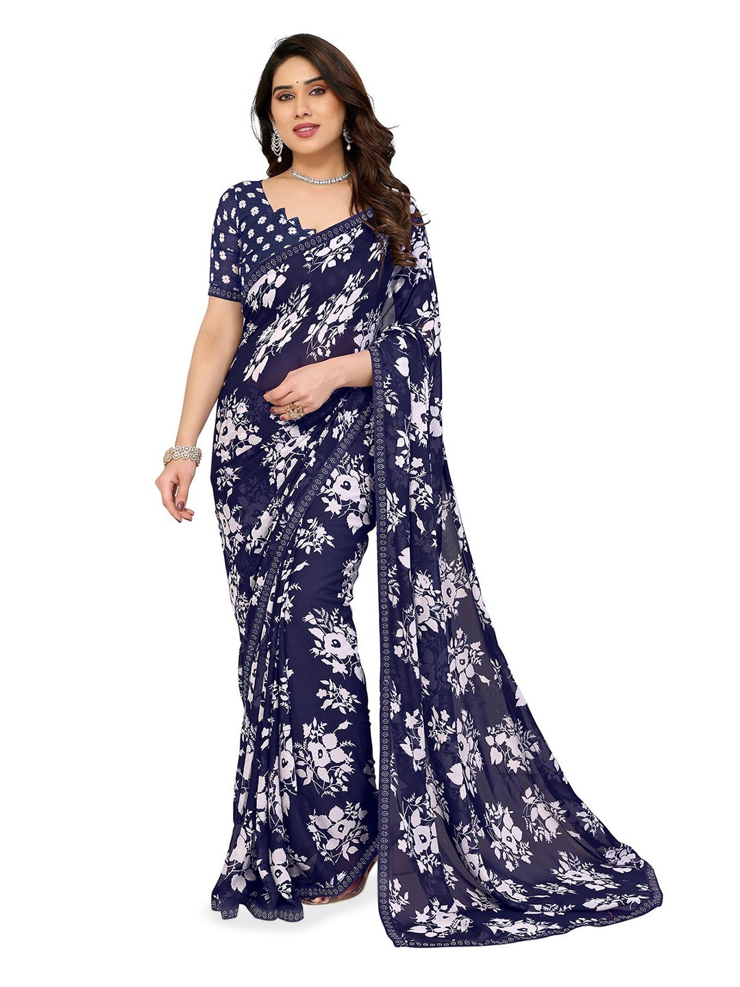 

Moda Rapido Floral Printed Beads and Stones Saree, Blue