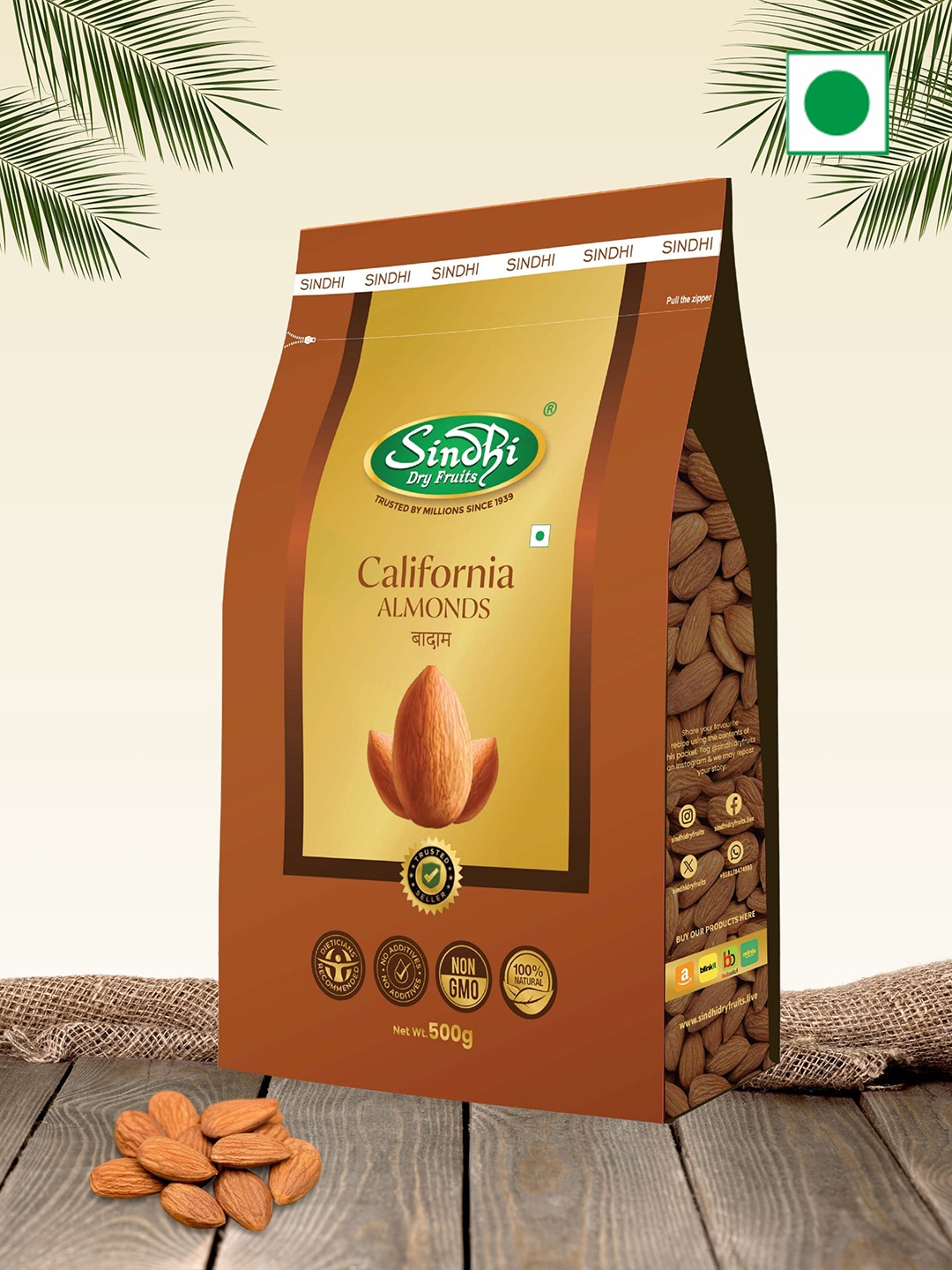 

SINDHI Dry Fruits California Almonds 500g, Brown