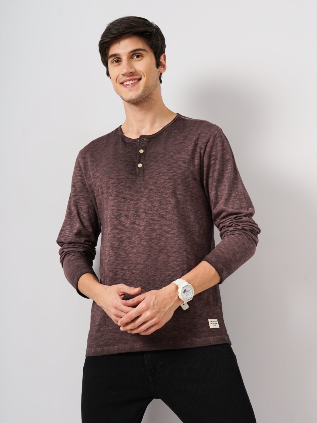 

Genoa Men Tie and Dye Dyed Henley Neck Slim Fit T-shirt, Brown
