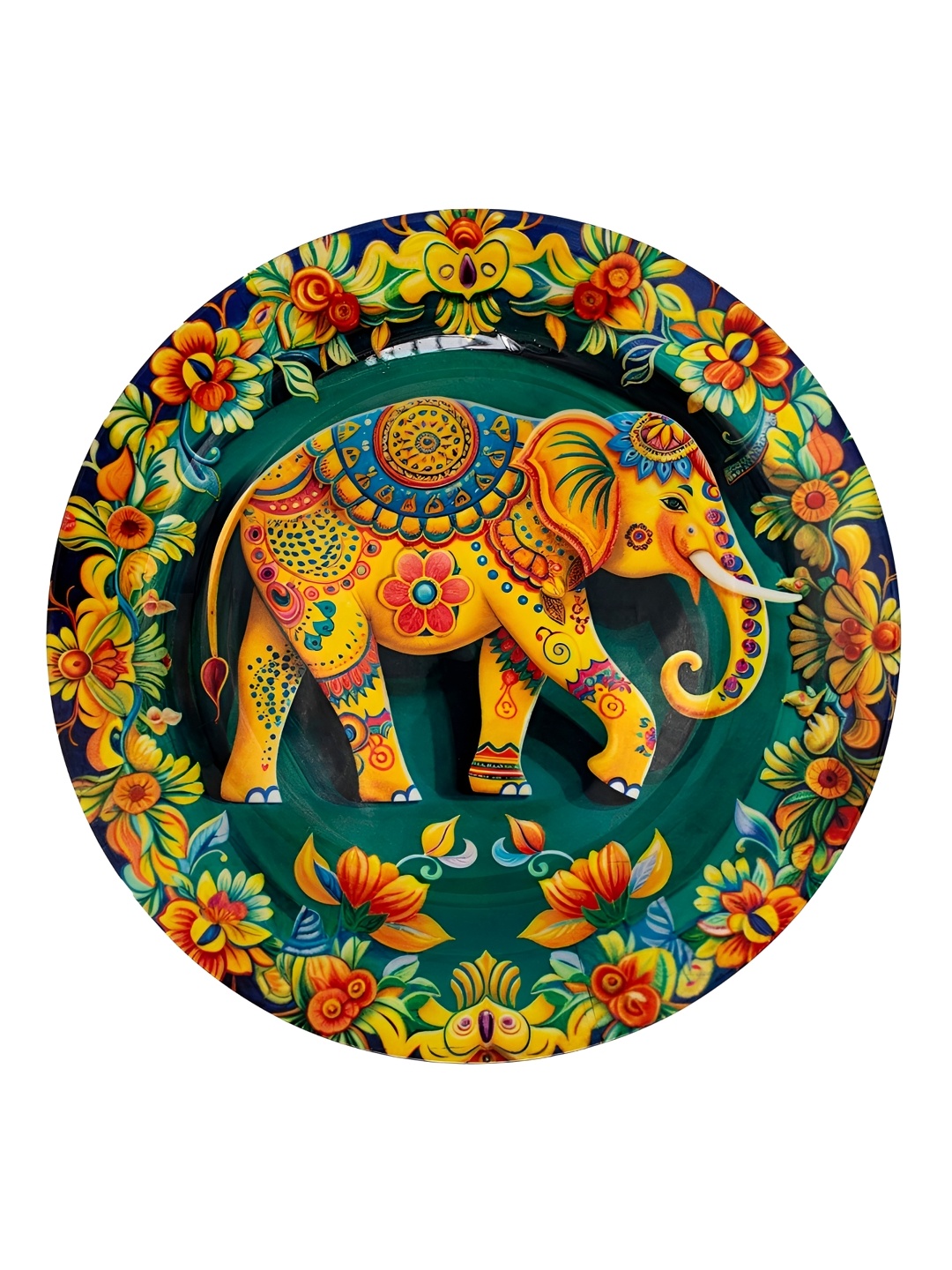 

Aari Beyond Decor Green & Yellow Elephant Printed Ceramic Round Wall Plate