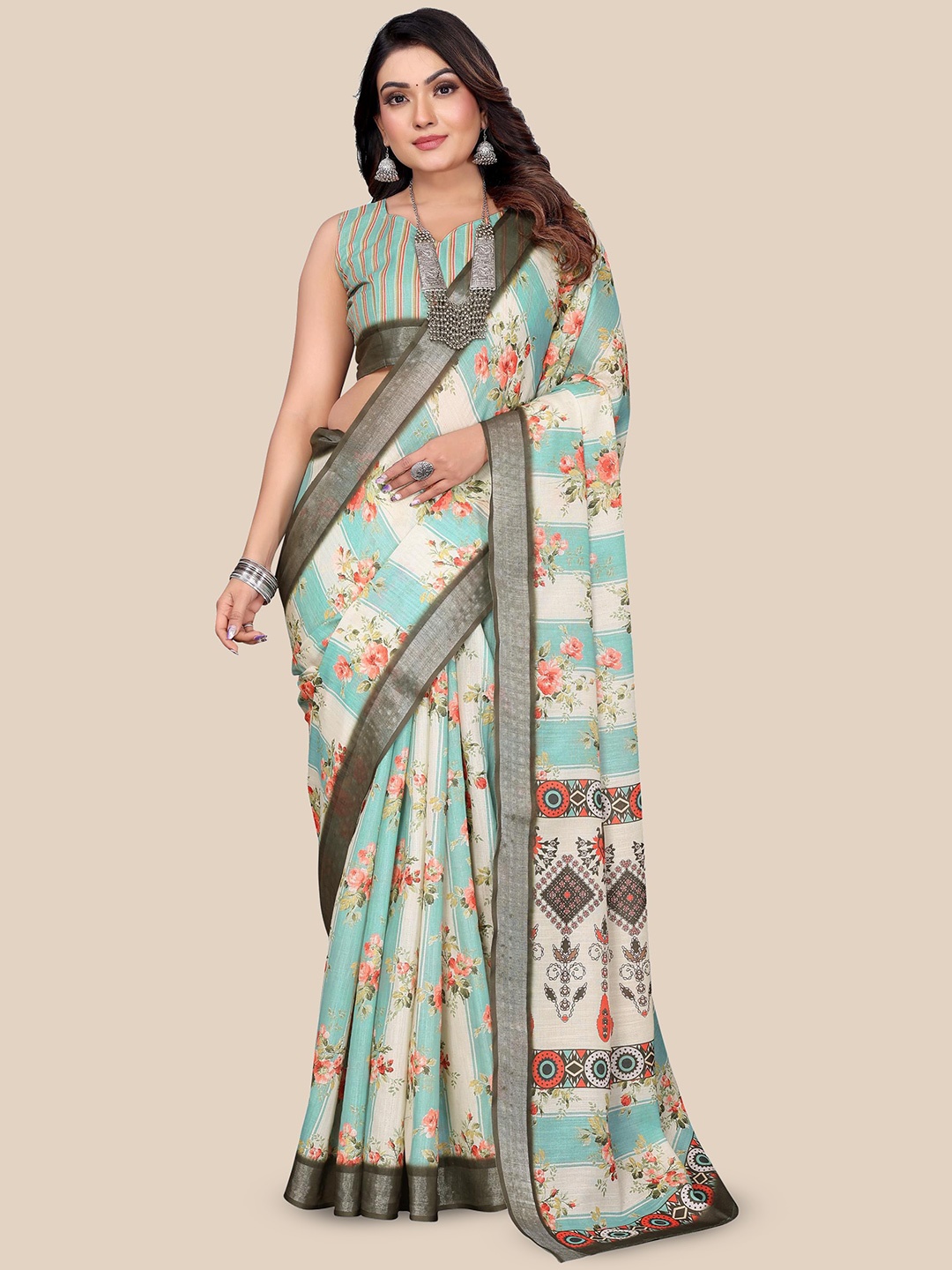 

WEAREZEE Floral Zari Linen Blend Saree, Blue