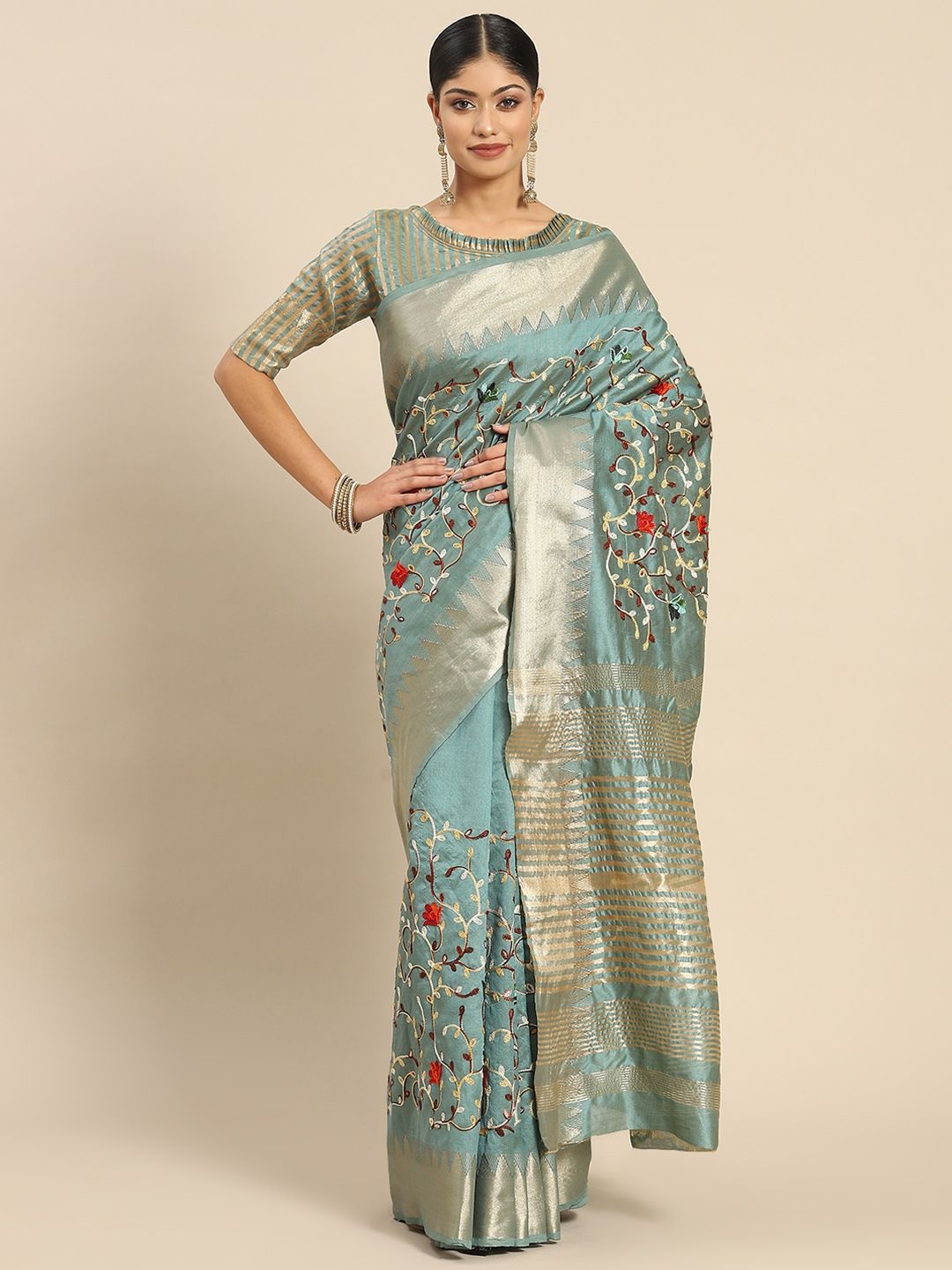 

DIVASTRI Floral Embroidered Silk Cotton Banarasi Saree, Turquoise blue