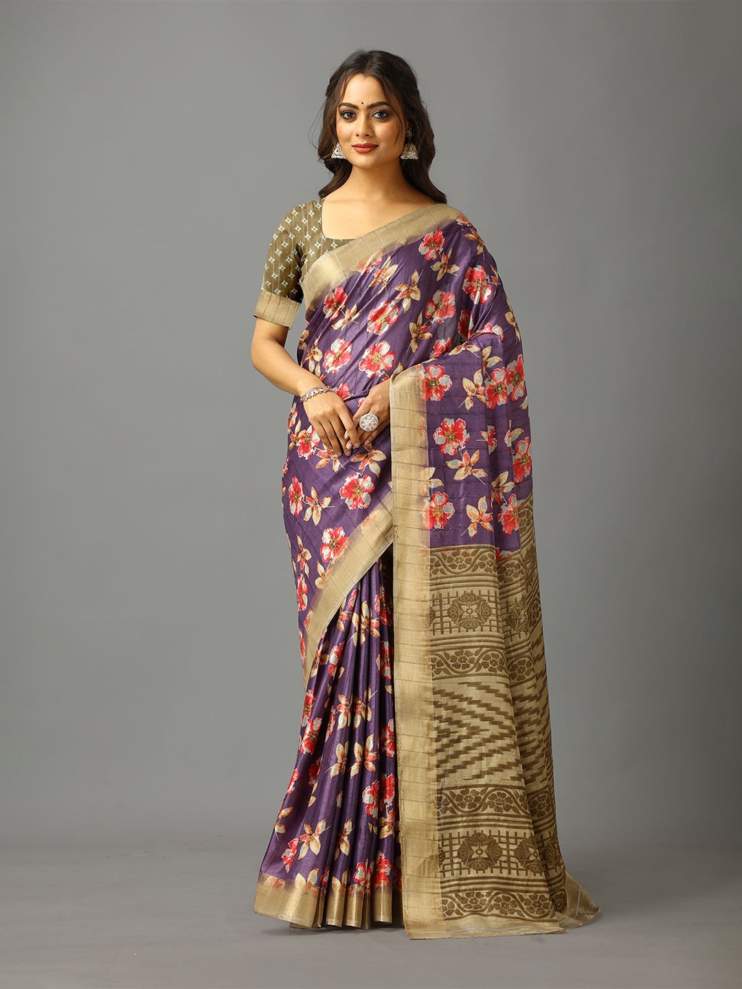 

A.V.M. SILK MILLS Floral Zari Designer Saree, Purple