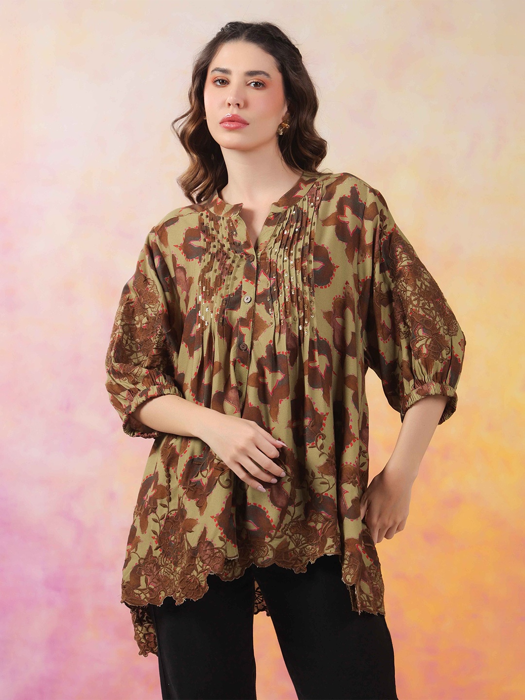 

Nyaro Women Olive Color Rayon Printed Top with Cut Work Embroidery