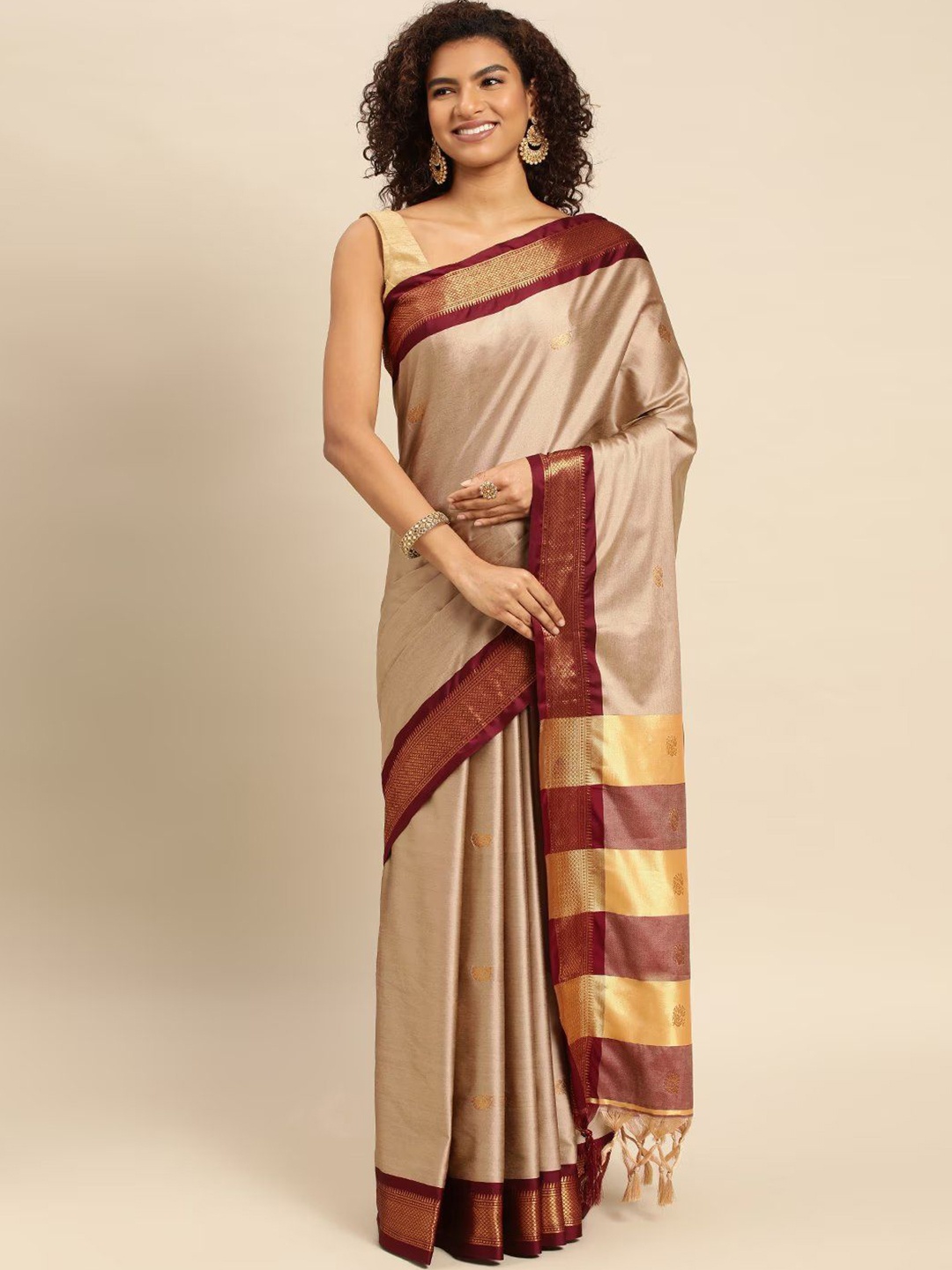

yourwish Ethnic Motifs Zari Silk Cotton Designer Kanjeevaram Saree, Beige