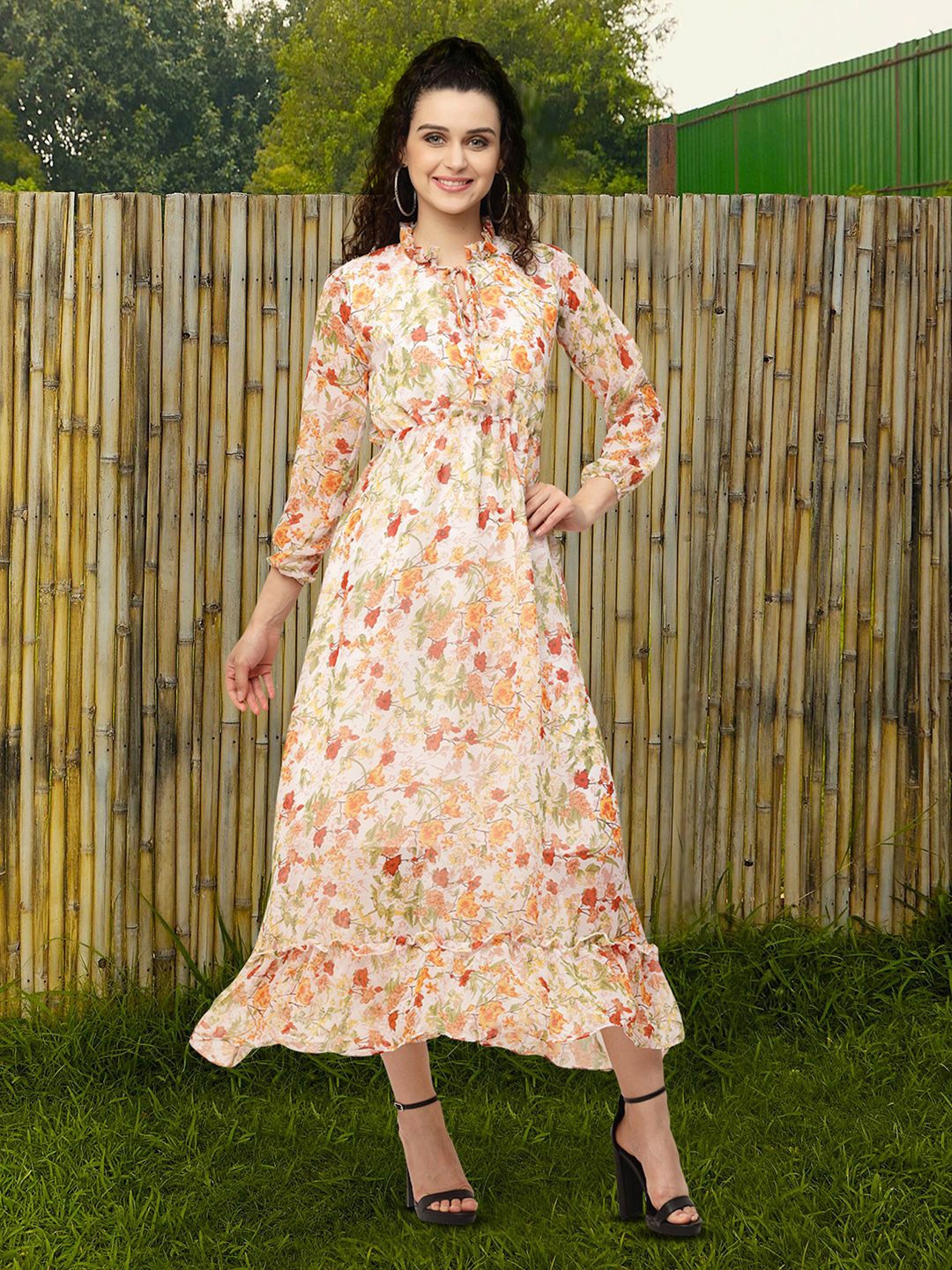 

Moda Rapido Floral Print Tie-Up Neck Applique Fit & Flare Dress, Multi
