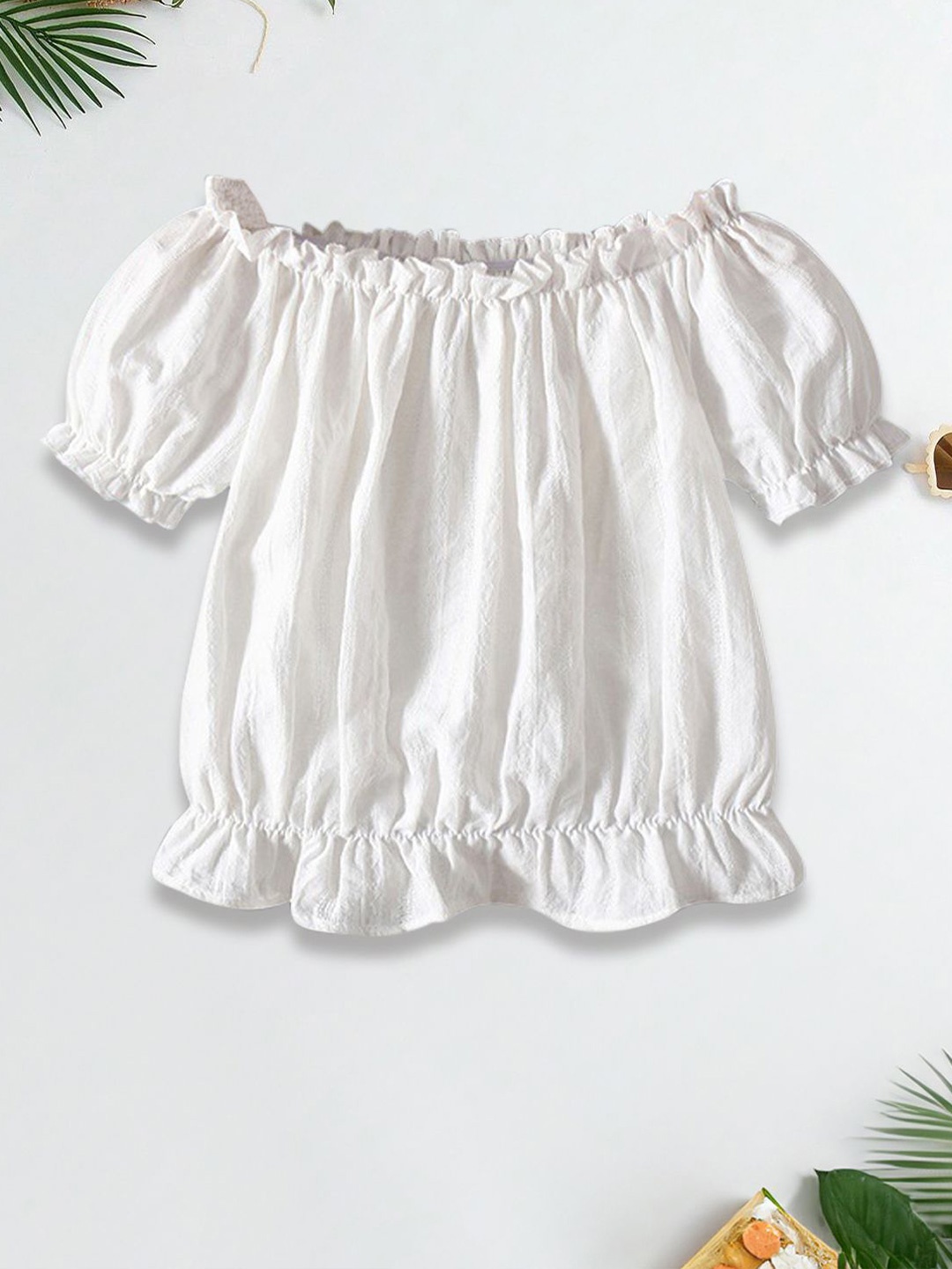 

FOREVER FRIDAY Solid Cotton Puff Sleeves Round Neck Top, White